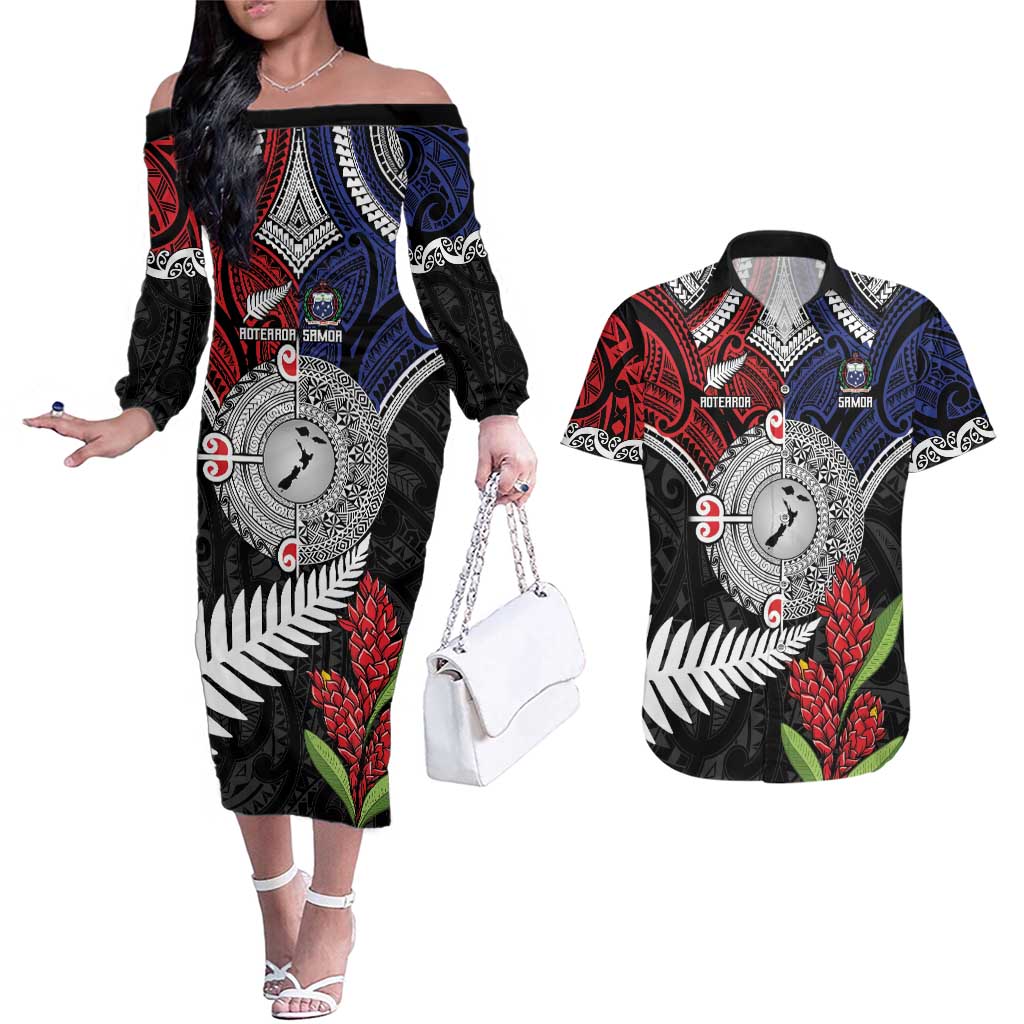 Aotearoa and Samoa Mo Te Tiriti Couples Matching Off The Shoulder Long Sleeve Dress and Hawaiian Shirt Tangata Moana Stand with Tangata Whenua