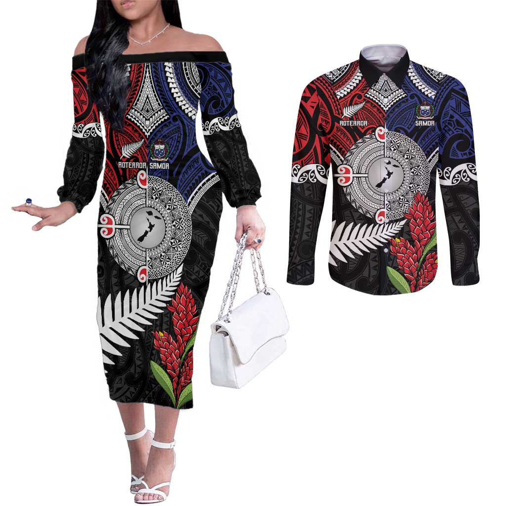 Aotearoa and Samoa Mo Te Tiriti Couples Matching Off The Shoulder Long Sleeve Dress and Long Sleeve Button Shirt Tangata Moana Stand with Tangata Whenua