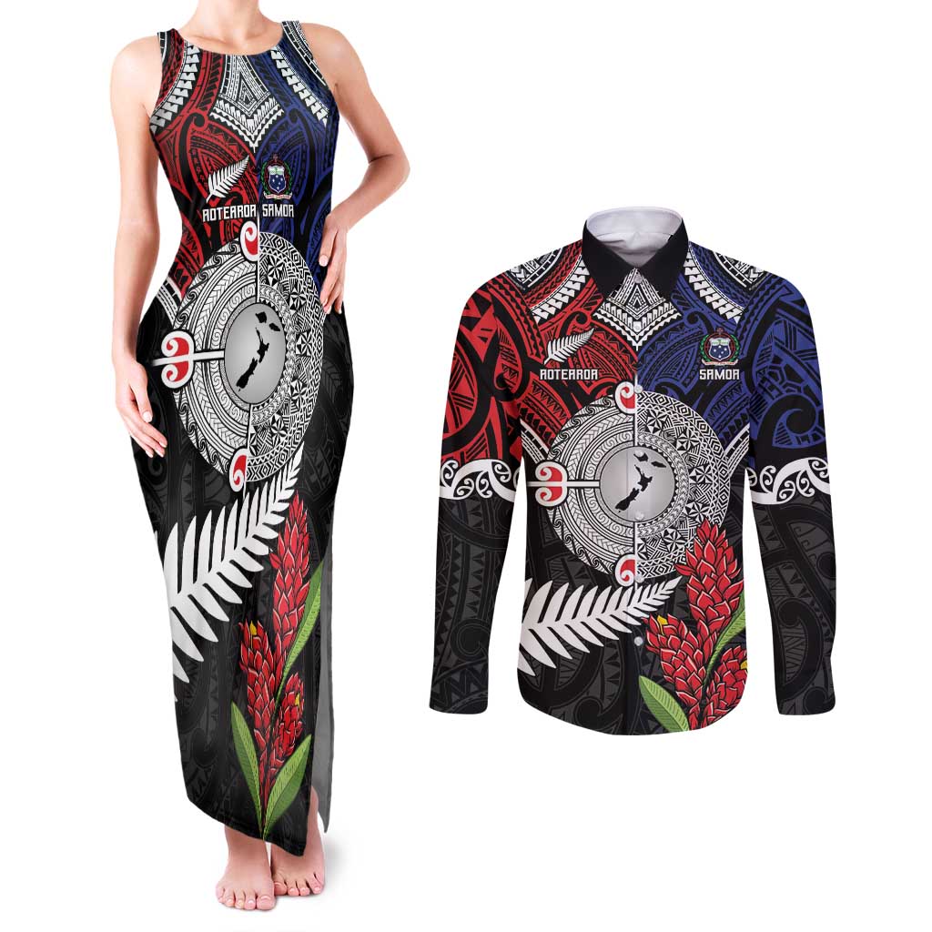 Aotearoa and Samoa Mo Te Tiriti Couples Matching Tank Maxi Dress and Long Sleeve Button Shirt Tangata Moana Stand with Tangata Whenua