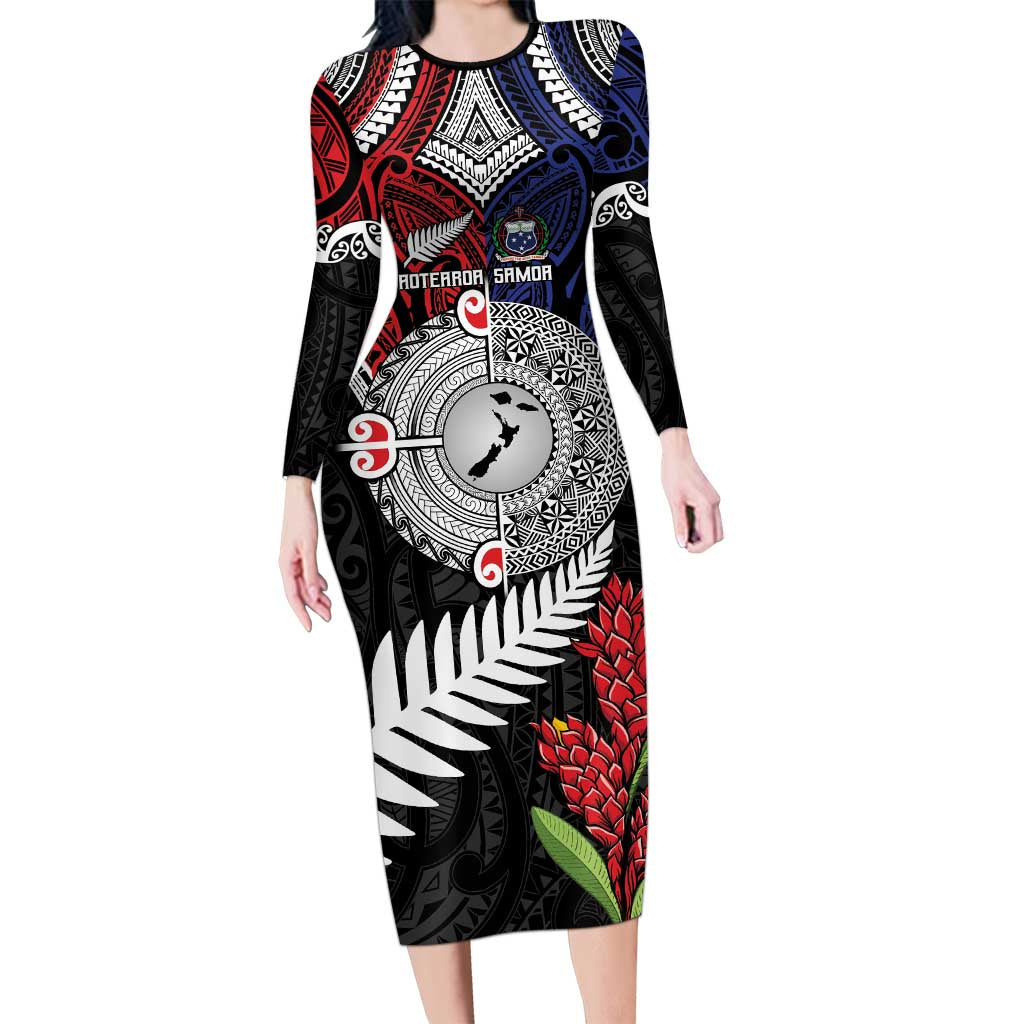 Aotearoa and Samoa Mo Te Tiriti Long Sleeve Bodycon Dress Tangata Moana Stand with Tangata Whenua