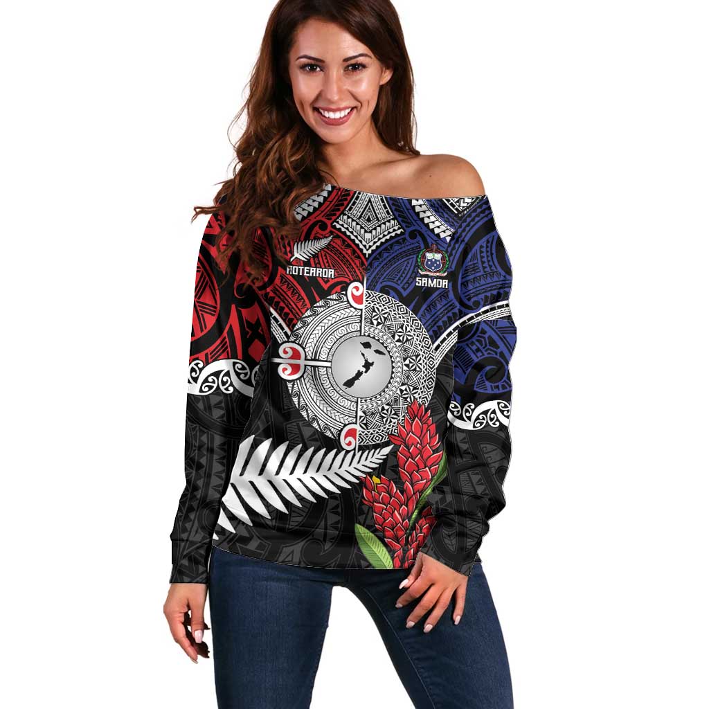 Aotearoa and Samoa Mo Te Tiriti Off Shoulder Sweater Tangata Moana Stand with Tangata Whenua