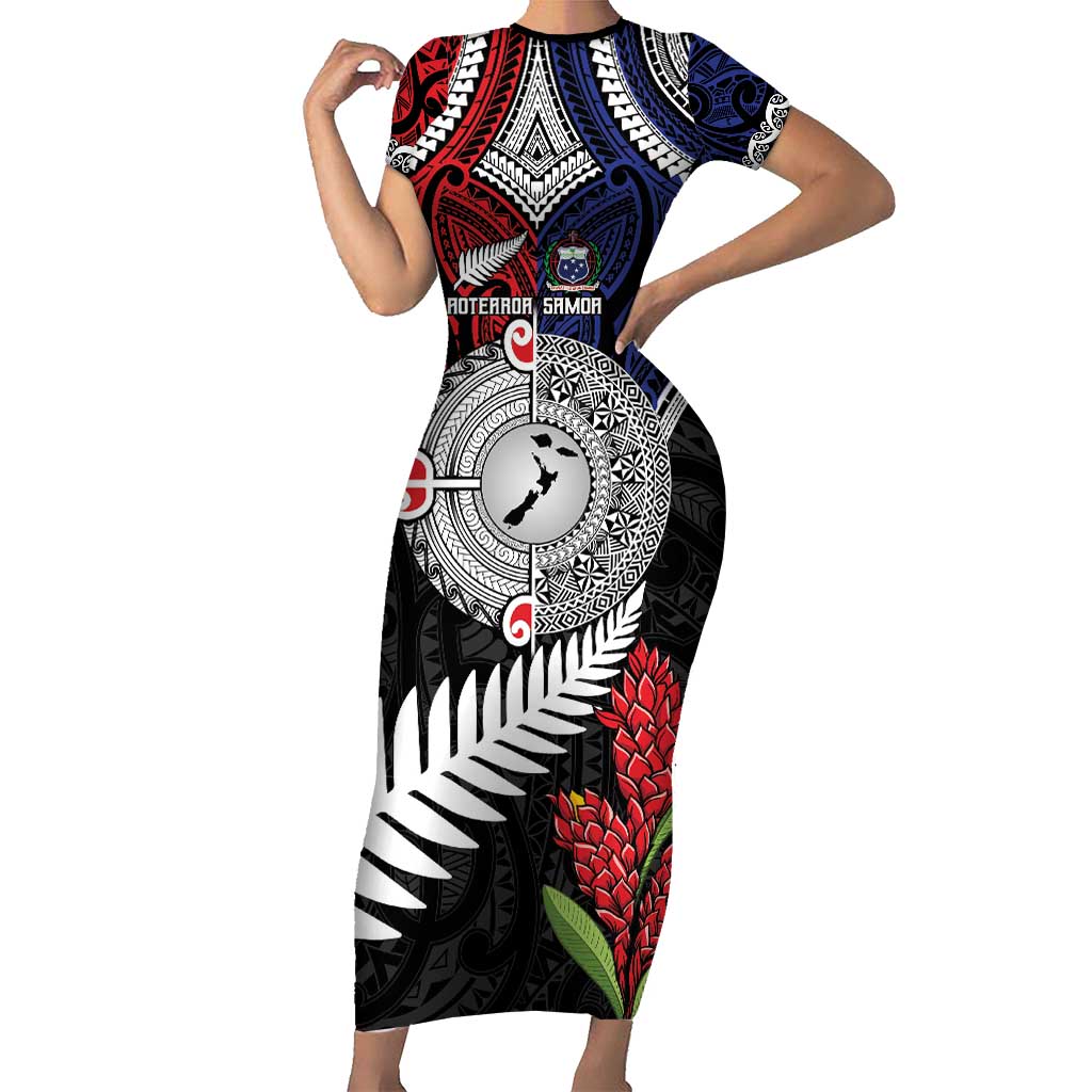 Aotearoa and Samoa Mo Te Tiriti Short Sleeve Bodycon Dress Tangata Moana Stand with Tangata Whenua