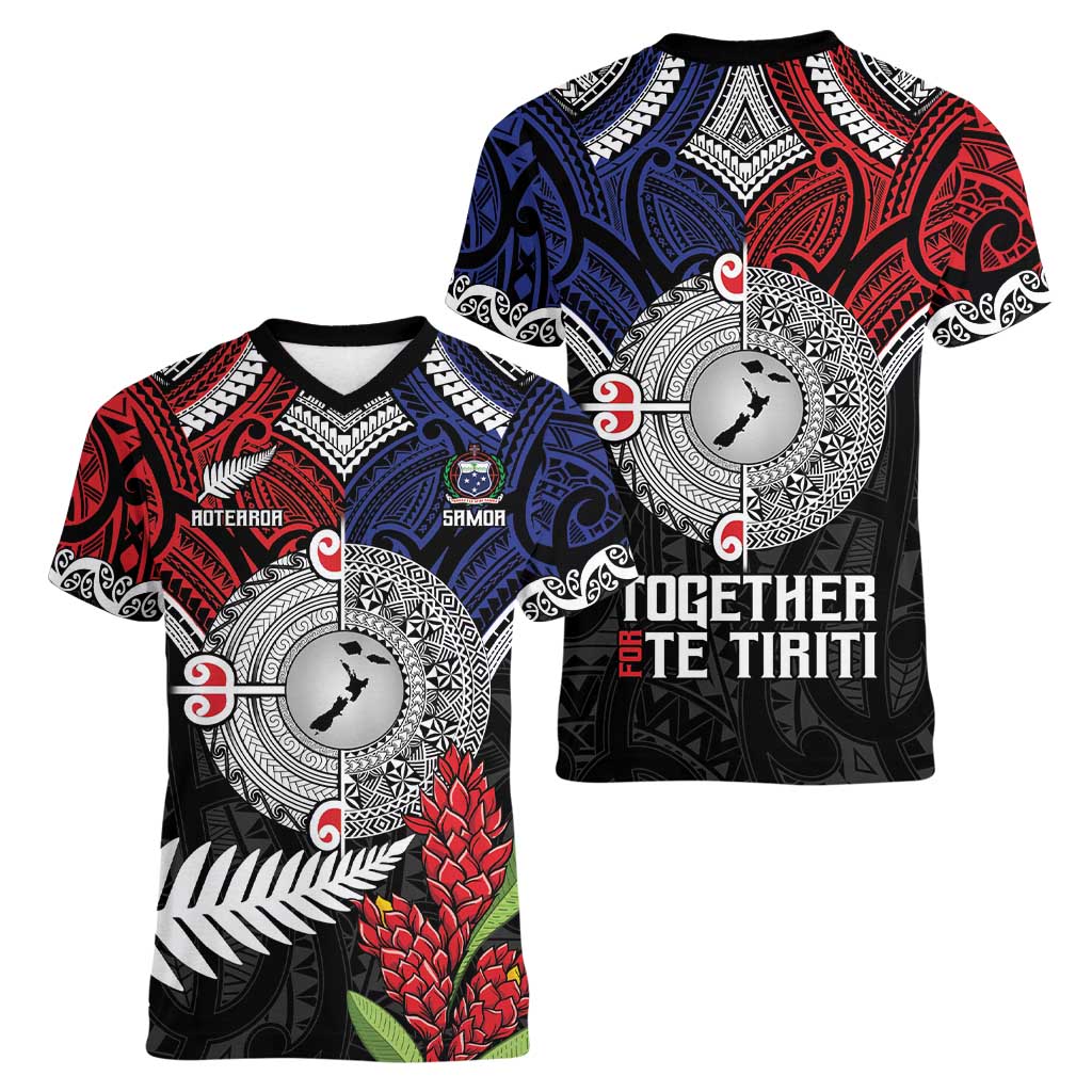 Aotearoa and Samoa Mo Te Tiriti Women V-Neck T-Shirt Tangata Moana Stand with Tangata Whenua