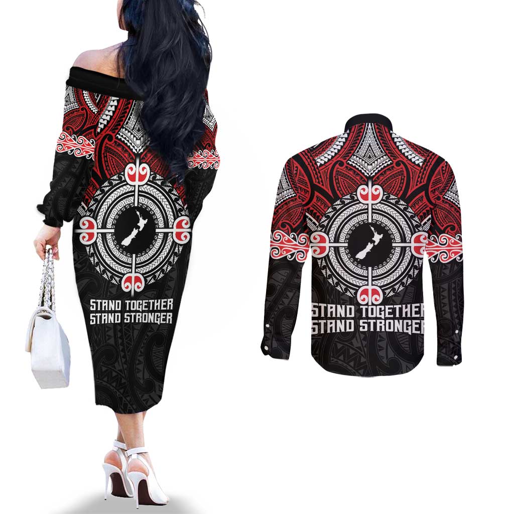 Aotearoa Proud To Be Maori Couples Matching Off The Shoulder Long Sleeve Dress and Long Sleeve Button Shirt New Zealand Fight Together
