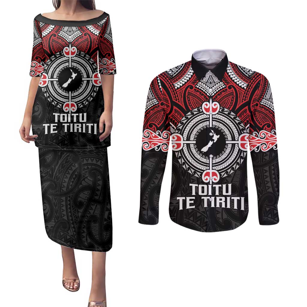 Aotearoa Proud To Be Maori Couples Matching Puletasi and Long Sleeve Button Shirt New Zealand Fight Together LT9 Red - Polynesian Pride
