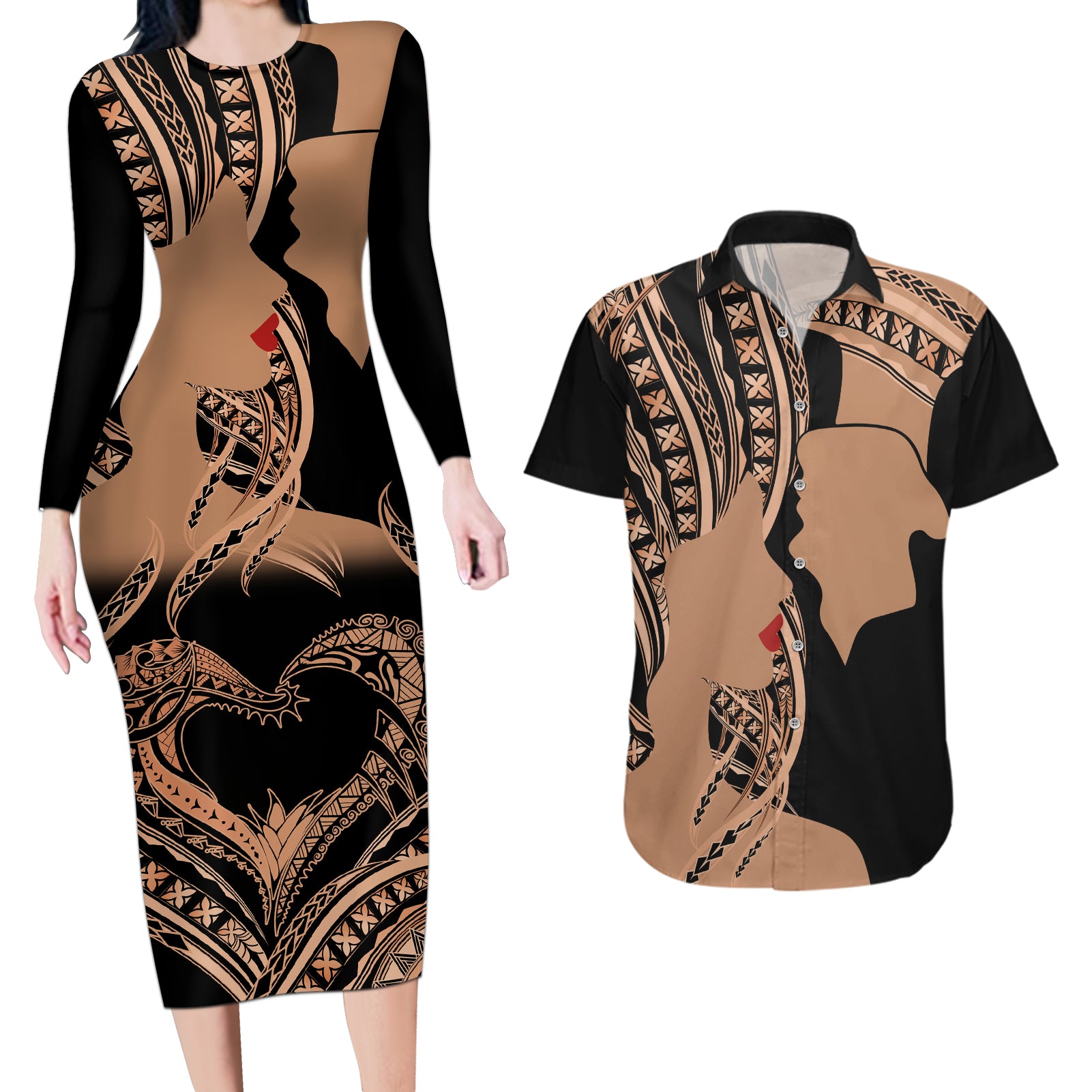 Personalised Valentines Day Romantic Lovers Couples Matching Long Sleeve Bodycon Dress and Hawaiian Shirt LT9 Gold - Polynesian Pride