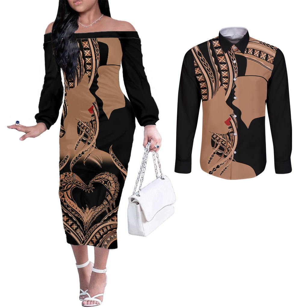 Personalised Valentines Day Romantic Lovers Couples Matching Off The Shoulder Long Sleeve Dress and Long Sleeve Button Shirt LT9 Gold - Polynesian Pride