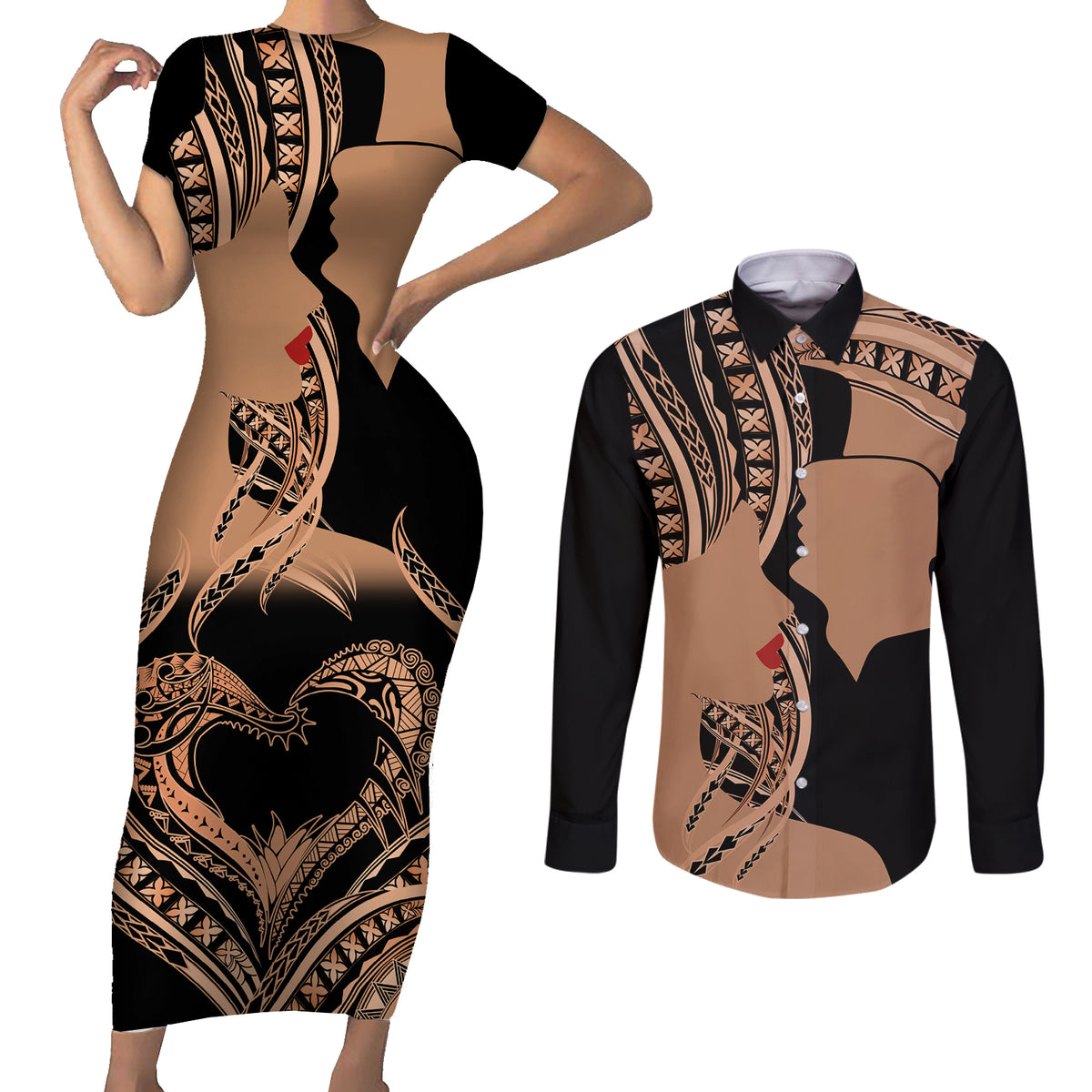 Personalised Valentines Day Romantic Lovers Couples Matching Short Sleeve Bodycon Dress and Long Sleeve Button Shirt LT9 Gold - Polynesian Pride