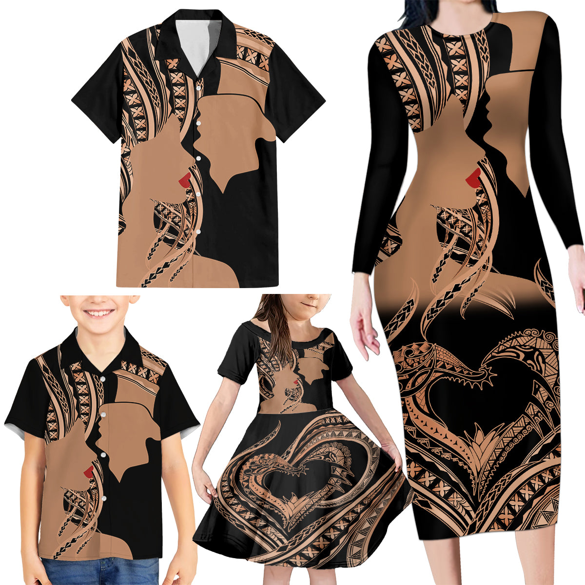 Personalised Valentines Day Romantic Lovers Family Matching Long Sleeve Bodycon Dress and Hawaiian Shirt LT9 - Polynesian Pride