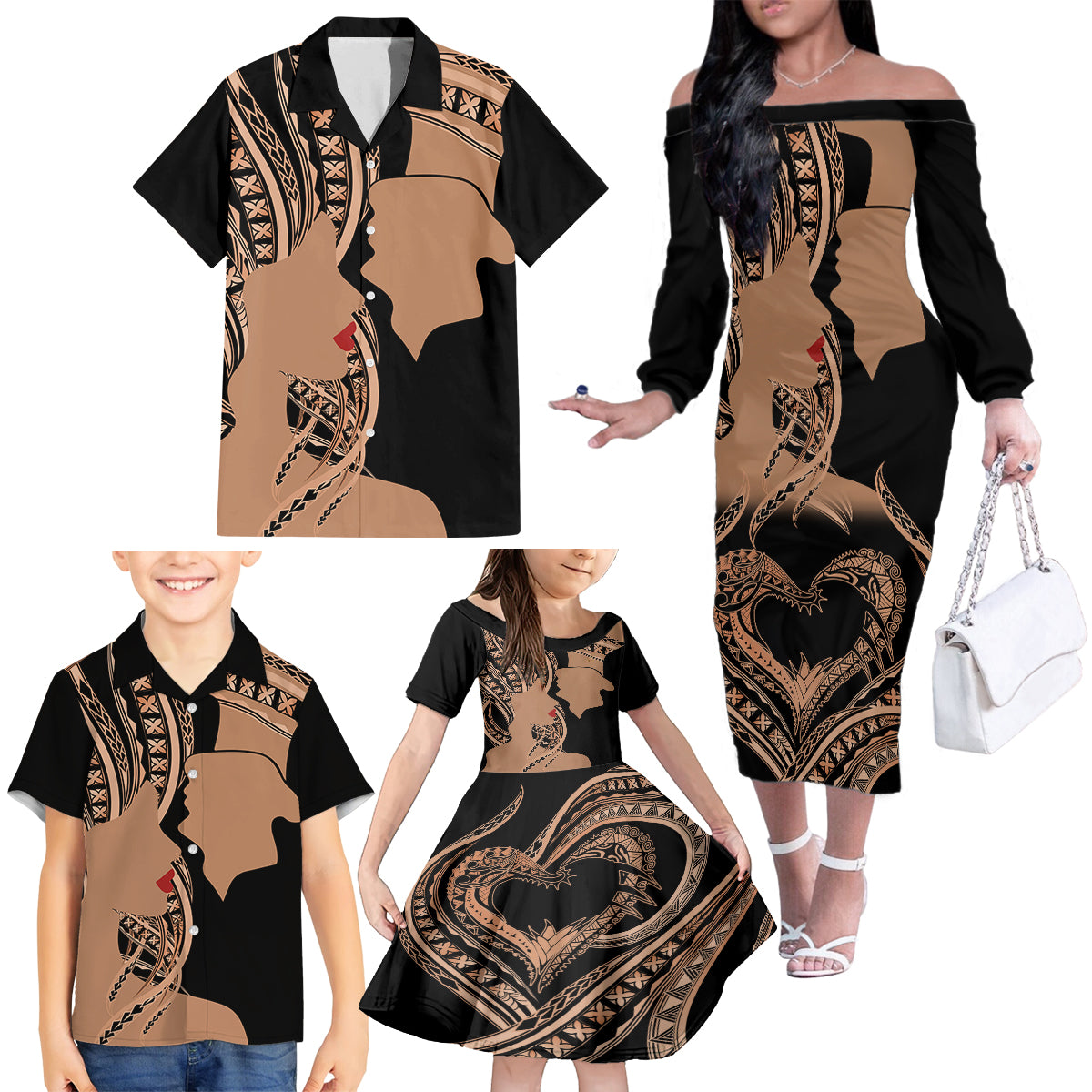 Personalised Valentines Day Romantic Lovers Family Matching Off Shoulder Long Sleeve Dress and Hawaiian Shirt LT9 - Polynesian Pride