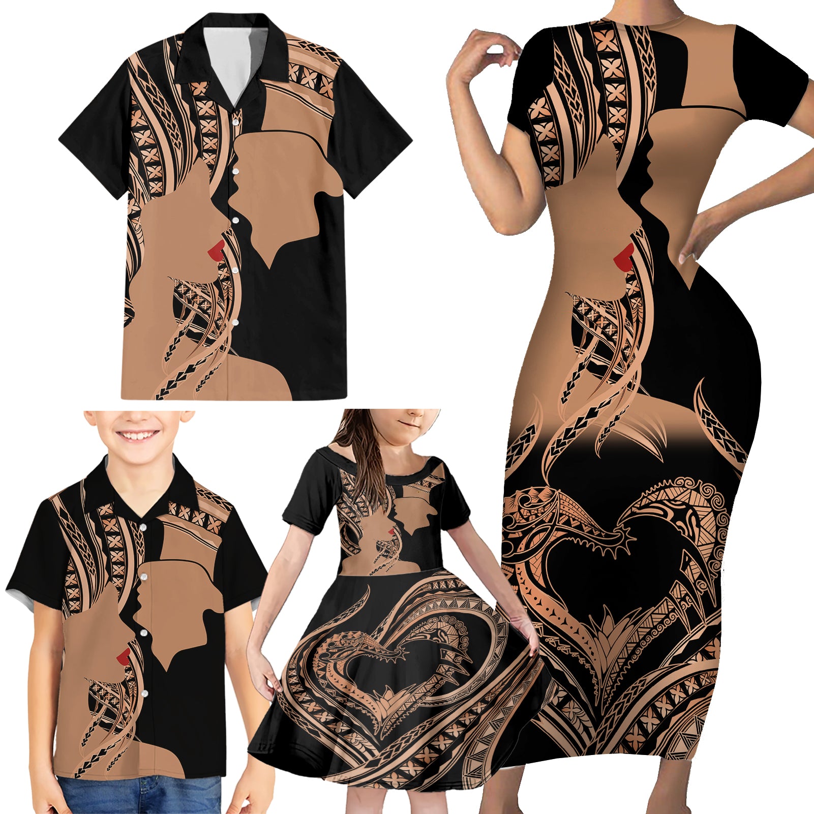 Personalised Valentines Day Romantic Lovers Family Matching Short Sleeve Bodycon Dress and Hawaiian Shirt LT9 - Polynesian Pride