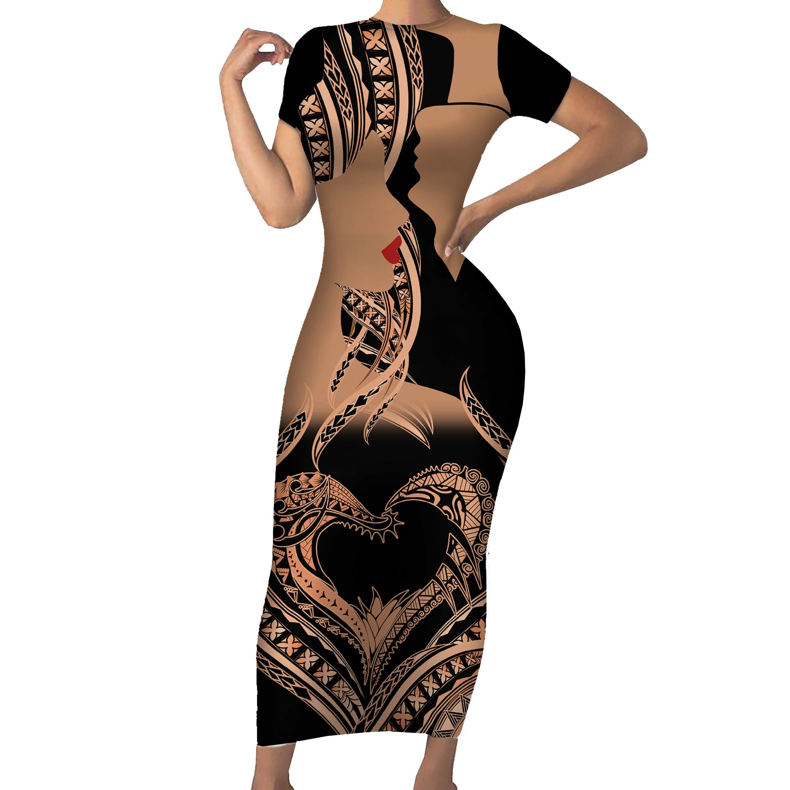 Personalised Valentines Day Romantic Lovers Short Sleeve Bodycon Dress LT9 Long Dress Gold - Polynesian Pride