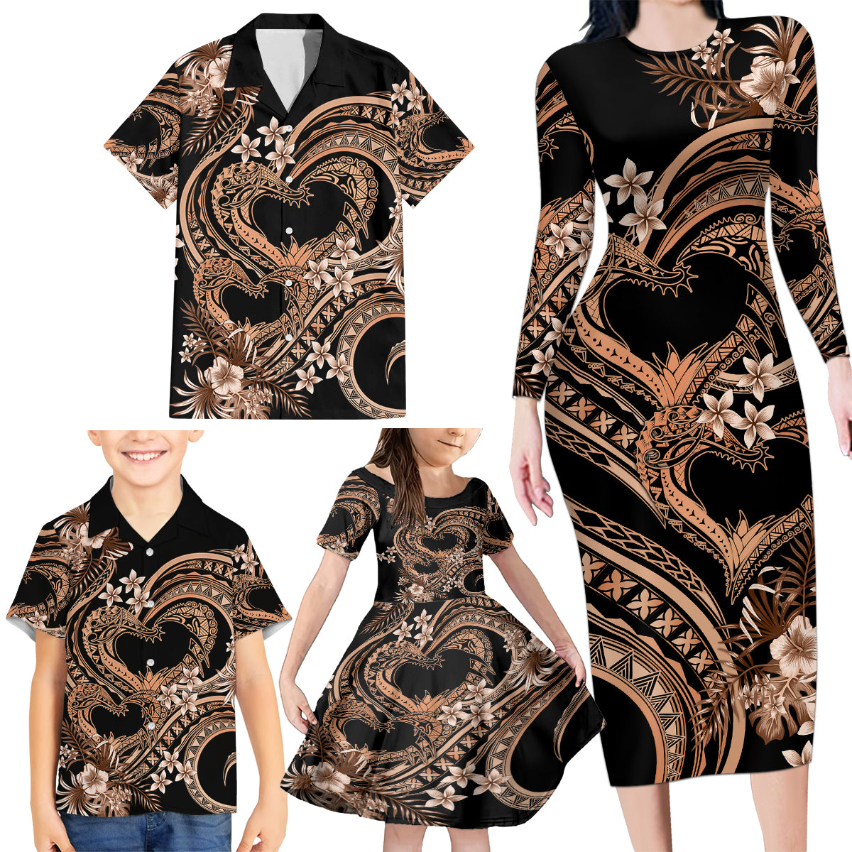 Polynesia Valentines Day Forever In My Heart Tattoo Family Matching Long Sleeve Bodycon Dress and Hawaiian Shirt Gold Style LT9 - Polynesian Pride