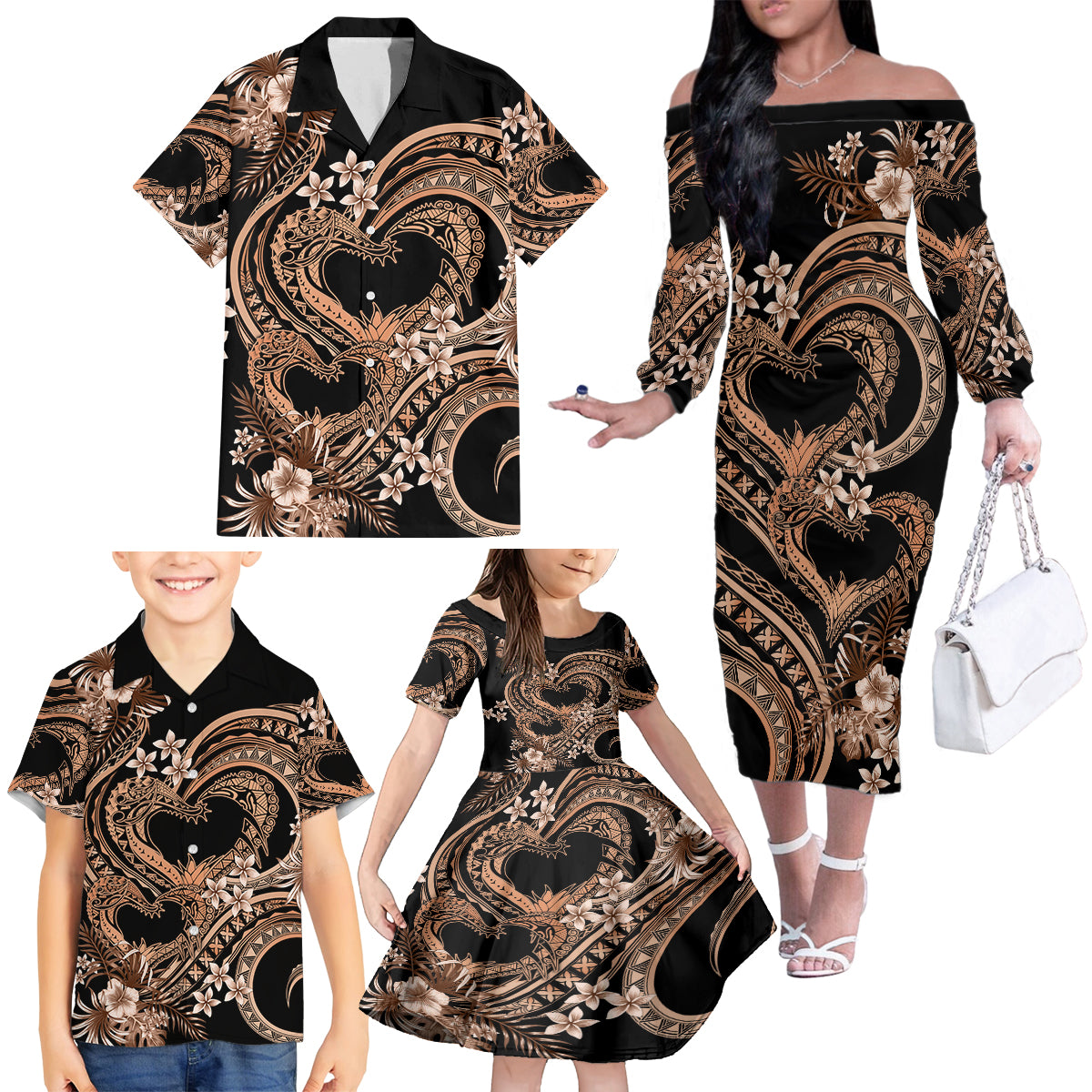 Polynesia Valentines Day Forever In My Heart Tattoo Family Matching Off Shoulder Long Sleeve Dress and Hawaiian Shirt Gold Style LT9 - Polynesian Pride