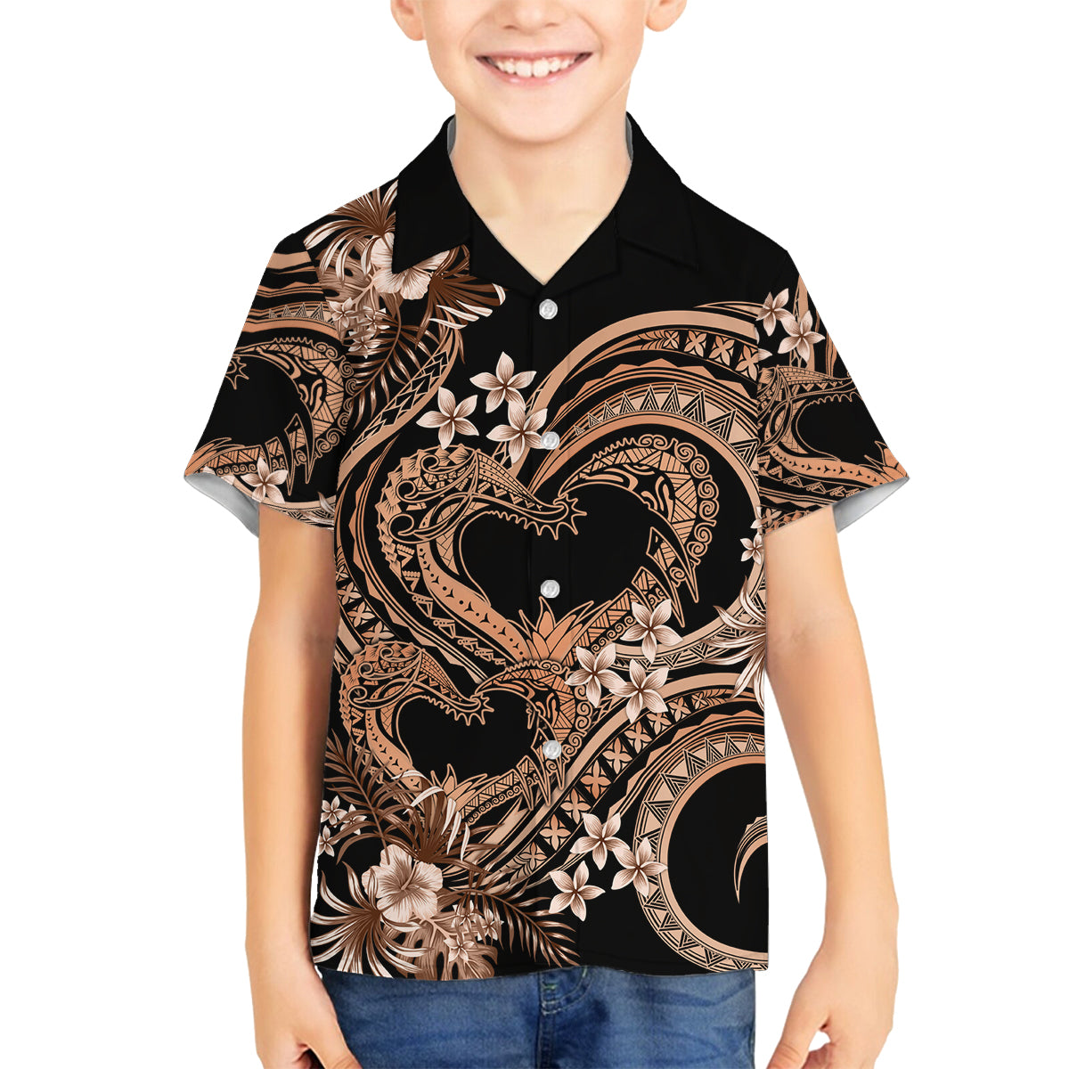 Polynesia Valentines Day Forever In My Heart Tattoo Family Matching Off Shoulder Maxi Dress and Hawaiian Shirt Gold Style LT9 Son's Shirt Gold - Polynesian Pride