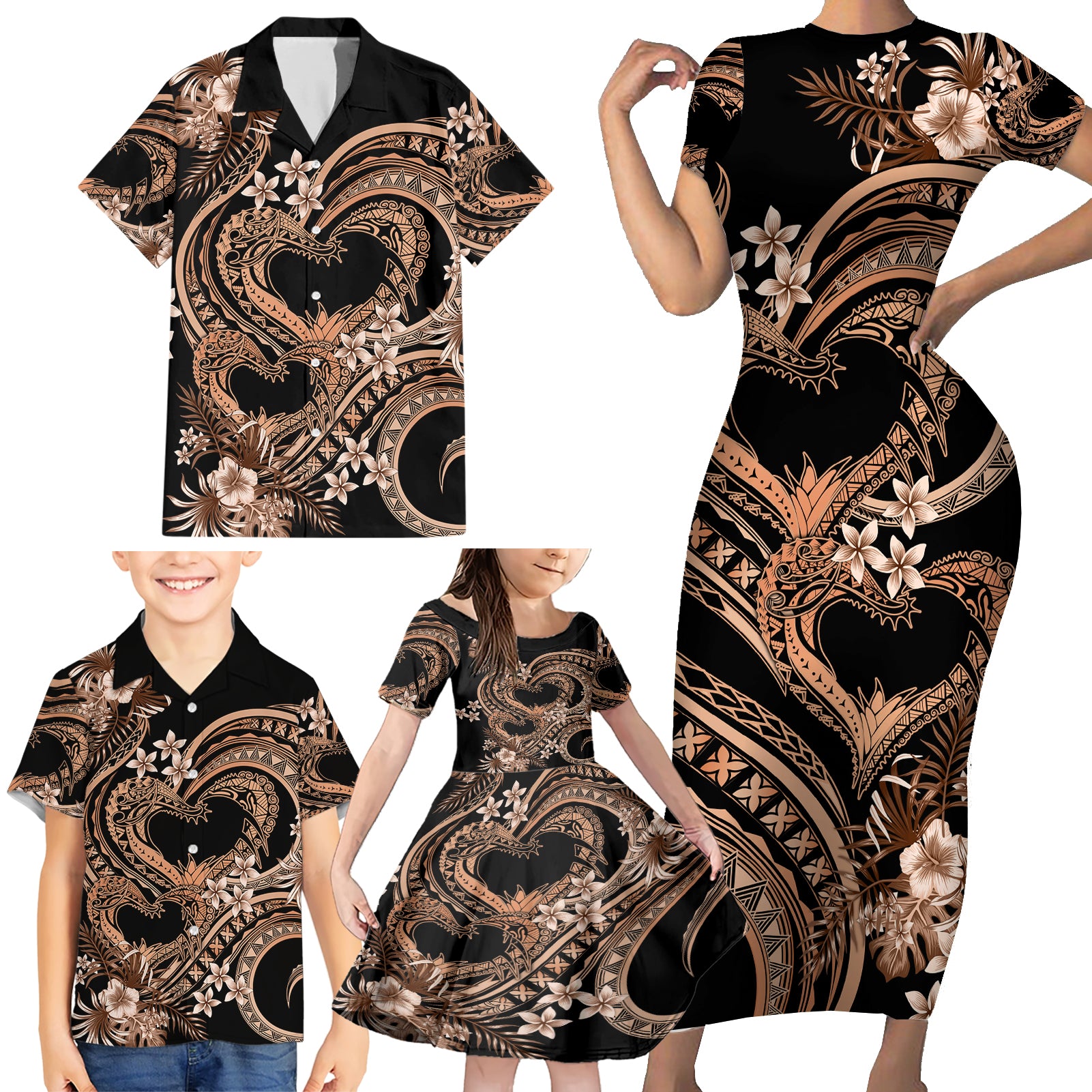 Polynesia Valentines Day Forever In My Heart Tattoo Family Matching Short Sleeve Bodycon Dress and Hawaiian Shirt Gold Style LT9 - Polynesian Pride