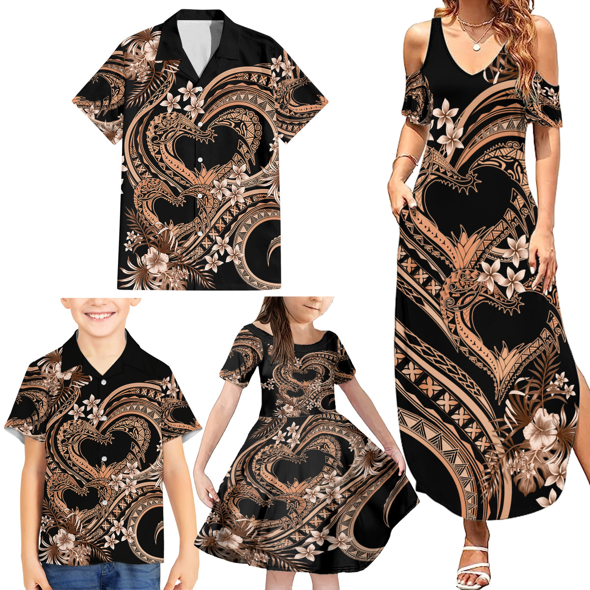 Polynesia Valentines Day Forever In My Heart Tattoo Family Matching Summer Maxi Dress and Hawaiian Shirt Gold Style LT9 - Polynesian Pride