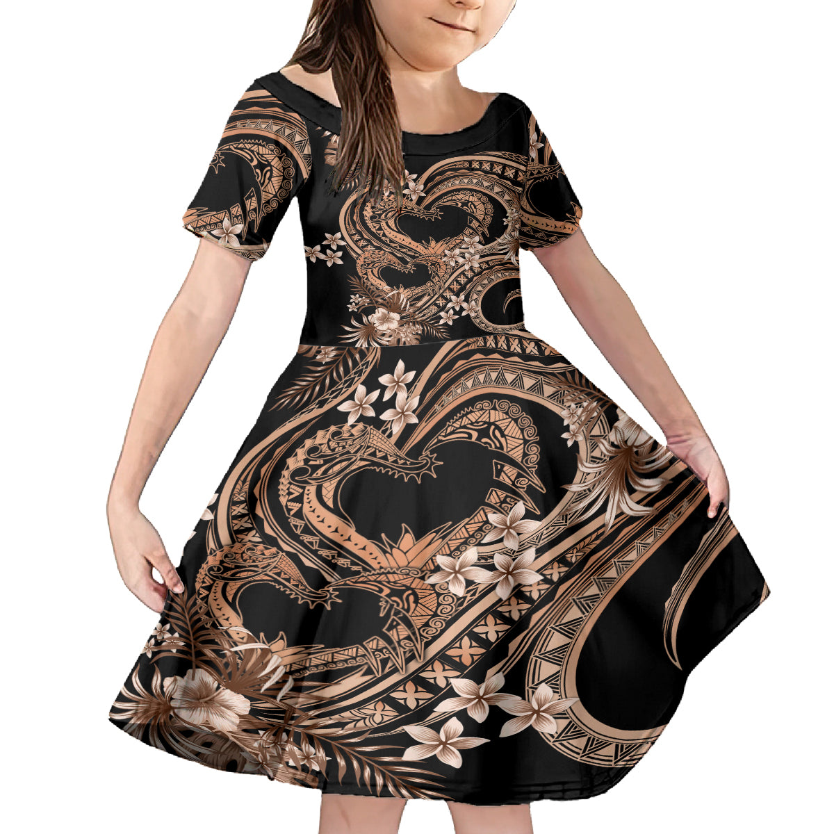 Polynesia Valentines Day Forever In My Heart Tattoo Family Matching Tank Maxi Dress and Hawaiian Shirt Gold Style LT9 Daughter's Dress Gold - Polynesian Pride