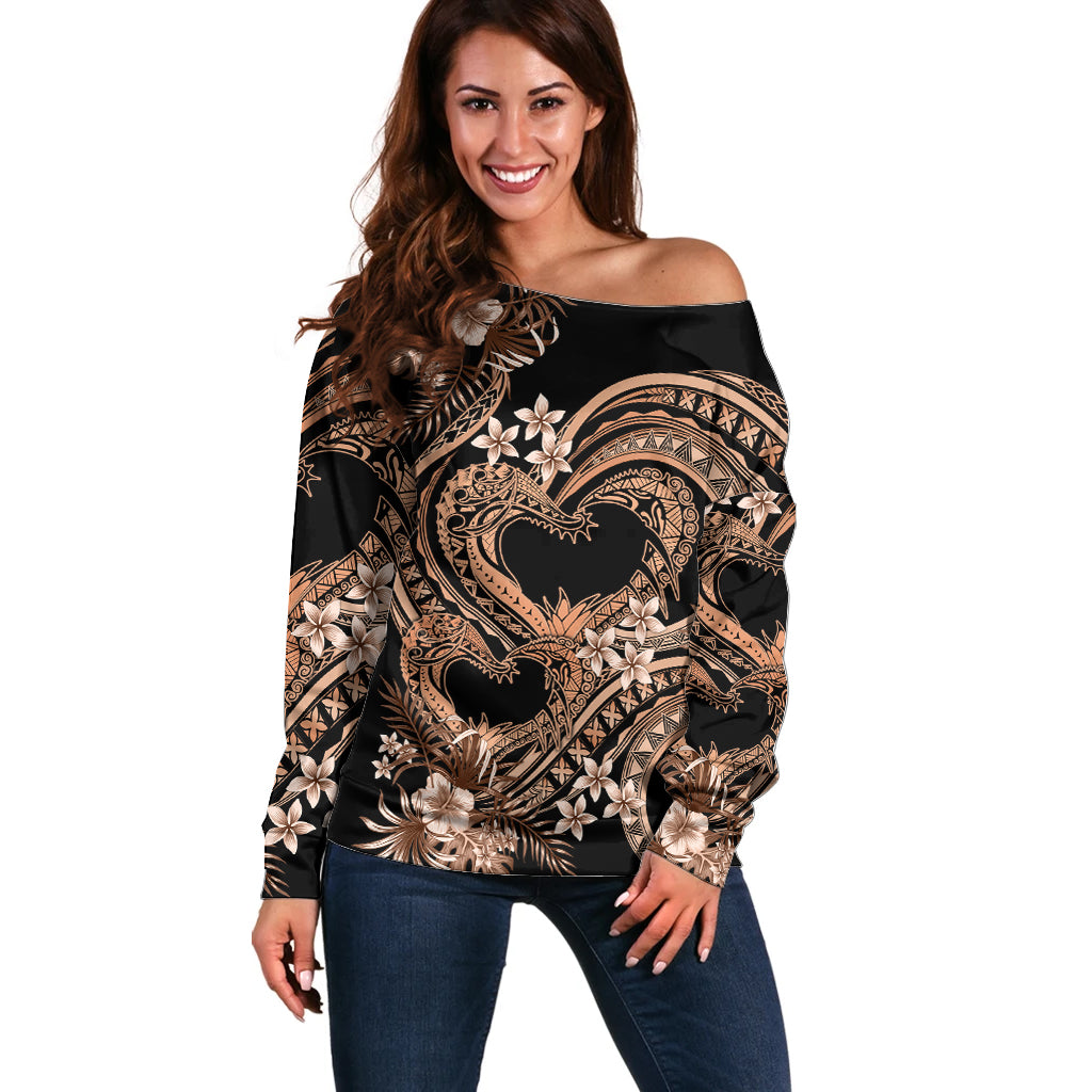 Polynesia Valentines Day Forever In My Heart Tattoo Off Shoulder Sweater Gold Style LT9 Women Gold - Polynesian Pride