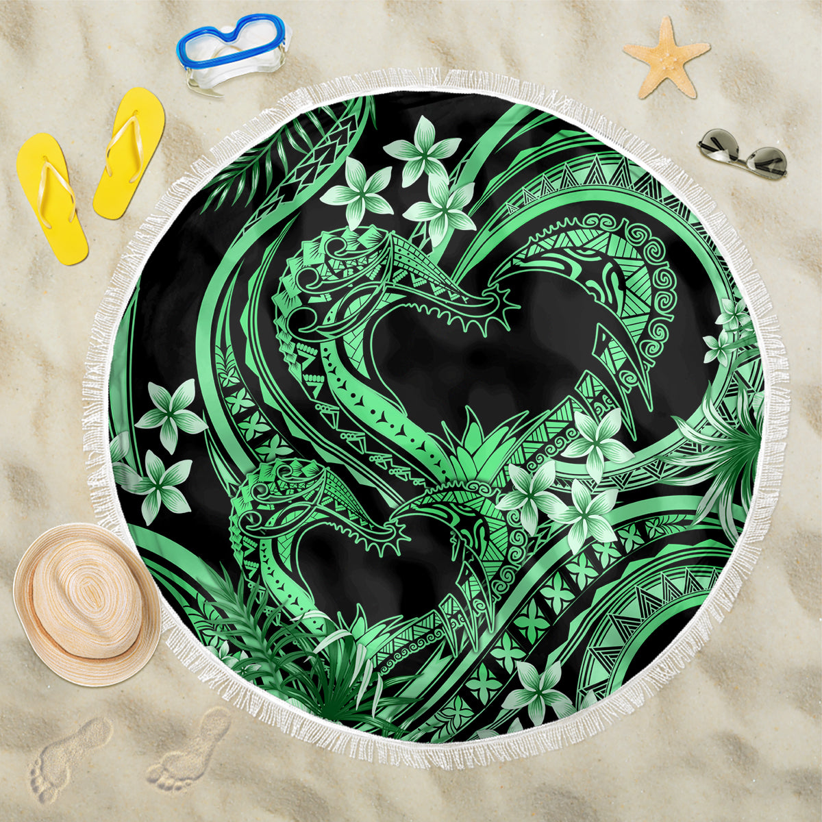 Polynesia Valentines Day Forever In My Heart Tattoo Beach Blanket Green Style LT9 One Size 150cm Green - Polynesian Pride