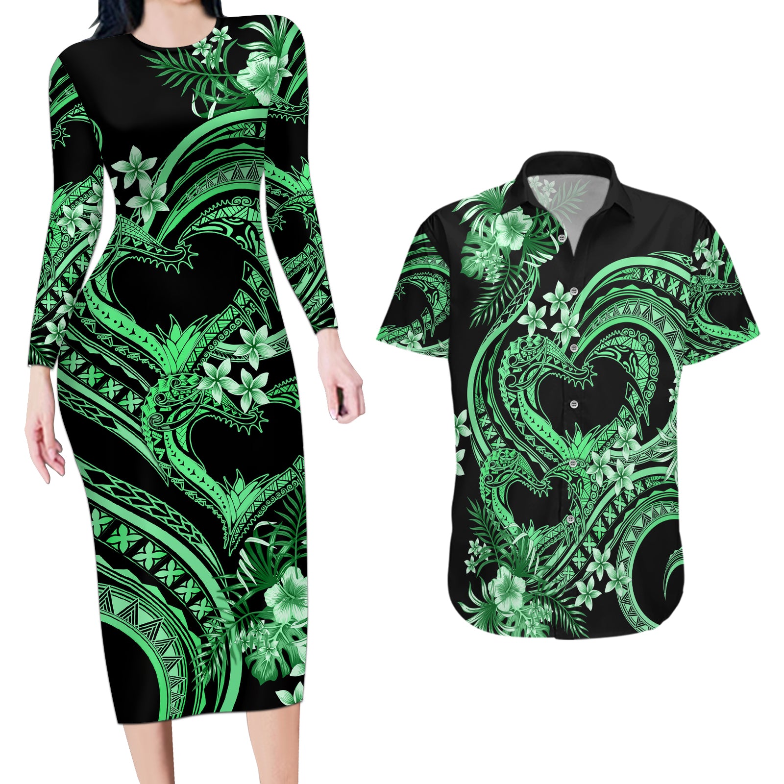 Polynesia Valentines Day Forever In My Heart Tattoo Couples Matching Long Sleeve Bodycon Dress and Hawaiian Shirt Green Style LT9 Green - Polynesian Pride