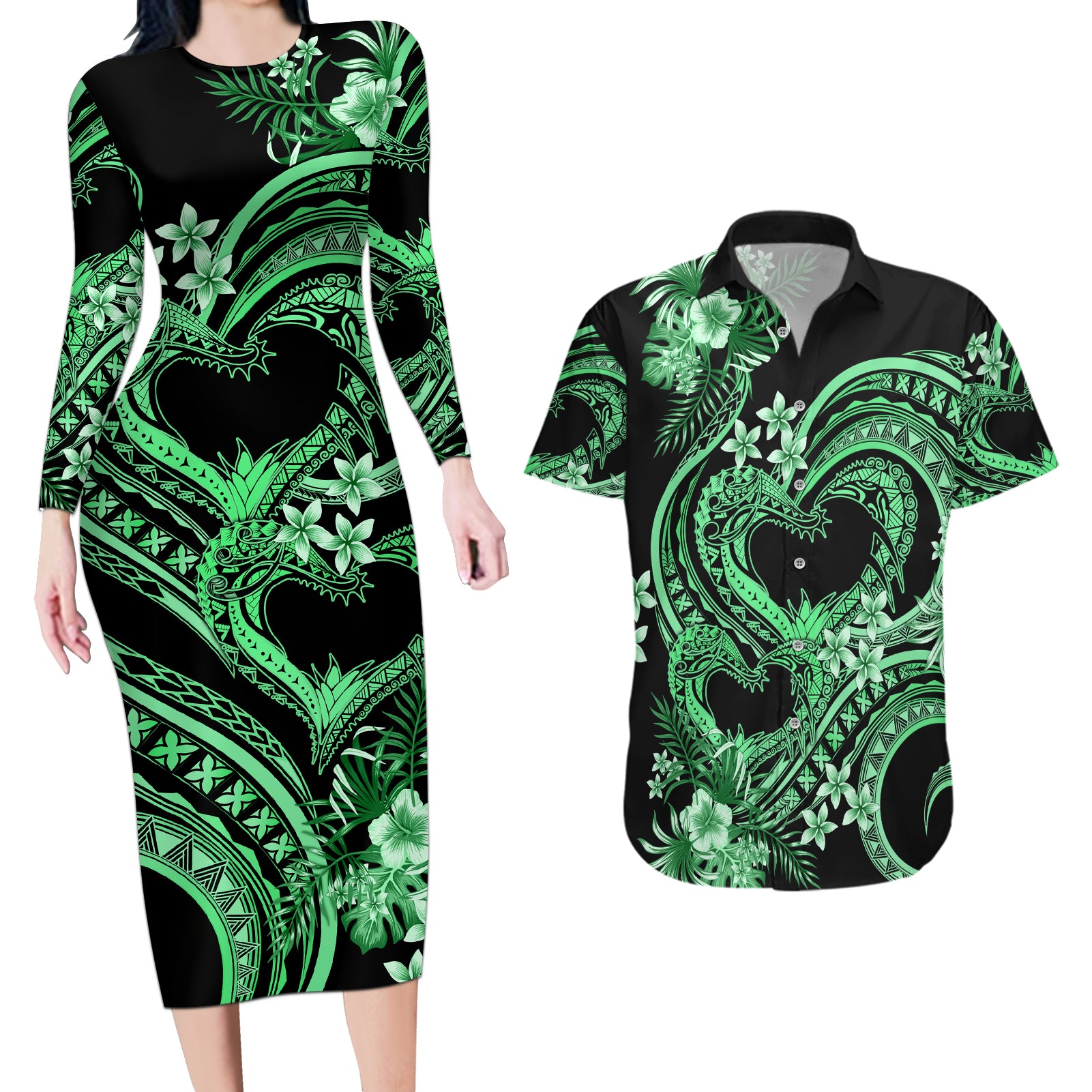 Polynesia Valentines Day Forever In My Heart Tattoo Couples Matching Long Sleeve Bodycon Dress and Hawaiian Shirt Green Style LT9 Green - Polynesian Pride