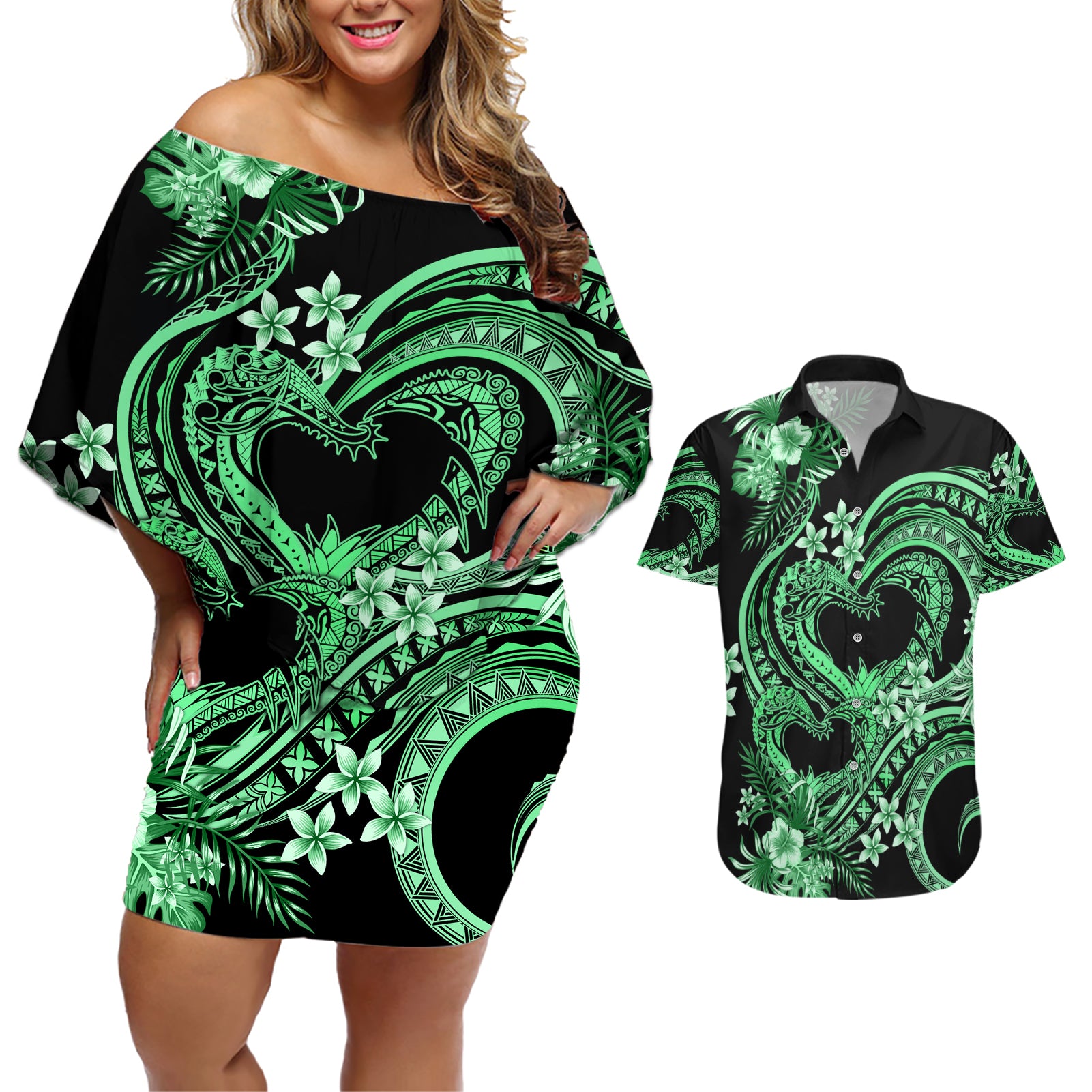 Polynesia Valentines Day Forever In My Heart Tattoo Couples Matching Off Shoulder Short Dress and Hawaiian Shirt Green Style LT9 Green - Polynesian Pride