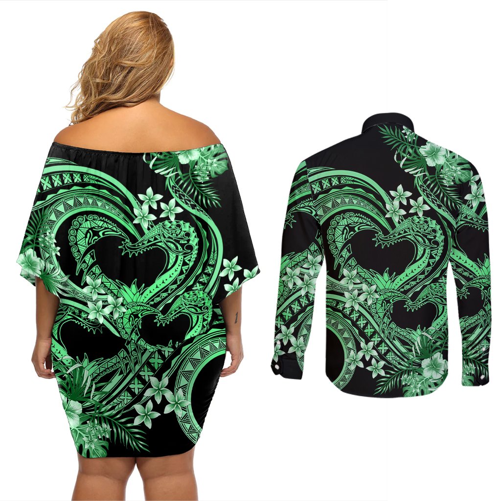 Polynesia Valentines Day Forever In My Heart Tattoo Couples Matching Off Shoulder Short Dress and Long Sleeve Button Shirt Green Style LT9 - Polynesian Pride