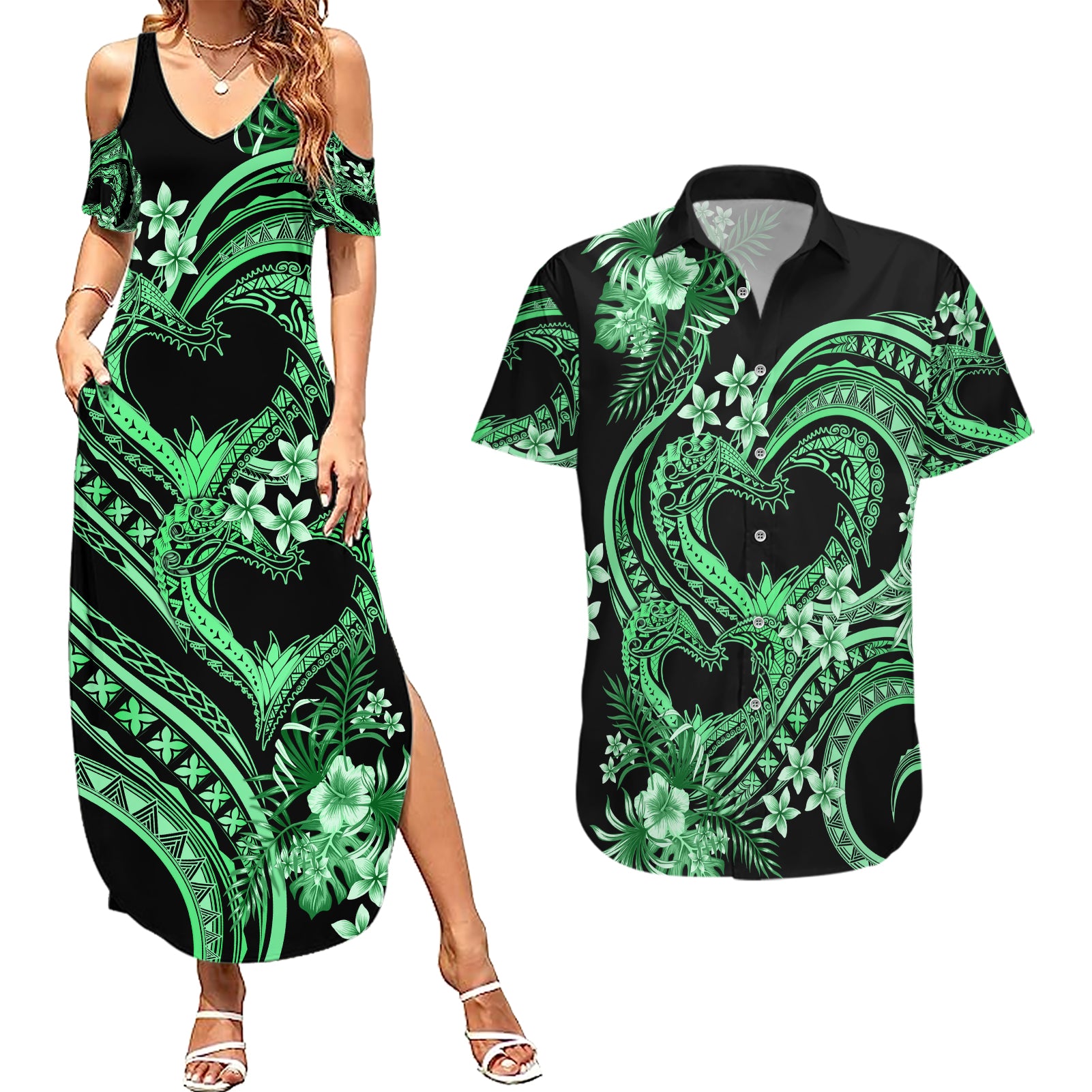 Polynesia Valentines Day Forever In My Heart Tattoo Couples Matching Summer Maxi Dress and Hawaiian Shirt Green Style LT9 Green - Polynesian Pride