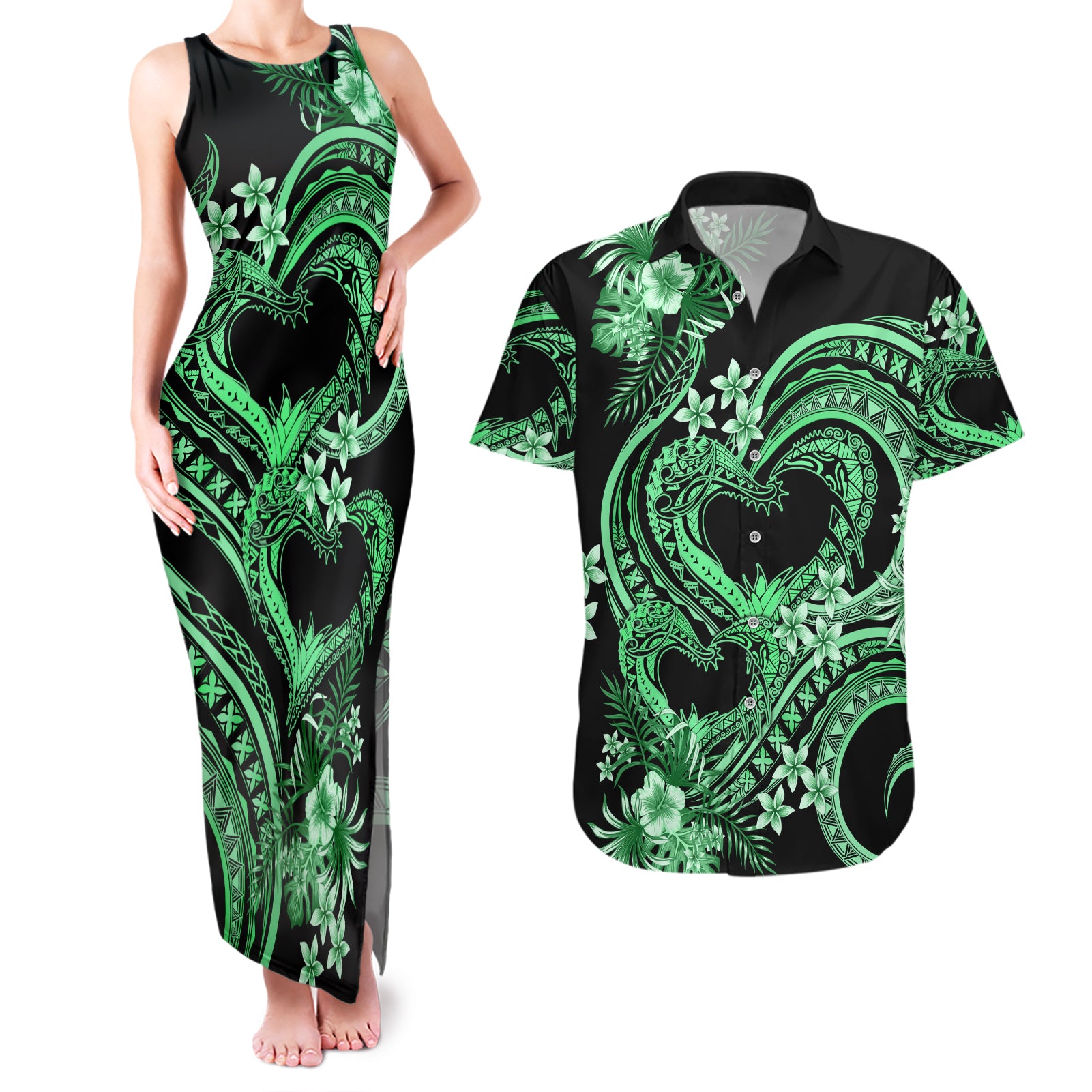 Polynesia Valentines Day Forever In My Heart Tattoo Couples Matching Tank Maxi Dress and Hawaiian Shirt Green Style LT9 Green - Polynesian Pride