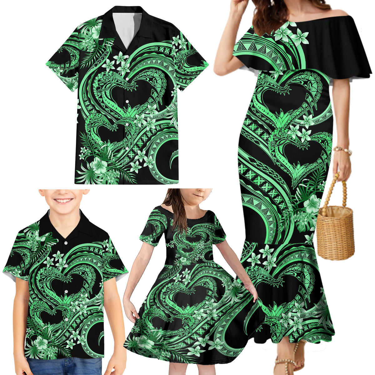 Polynesia Valentines Day Forever In My Heart Tattoo Family Matching Mermaid Dress and Hawaiian Shirt Green Style LT9 - Polynesian Pride