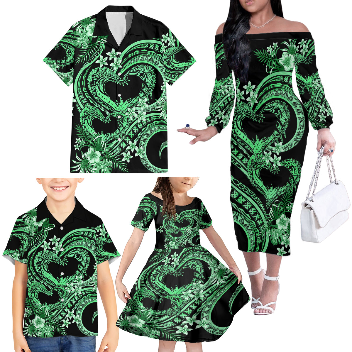 Polynesia Valentines Day Forever In My Heart Tattoo Family Matching Off Shoulder Long Sleeve Dress and Hawaiian Shirt Green Style LT9 - Polynesian Pride