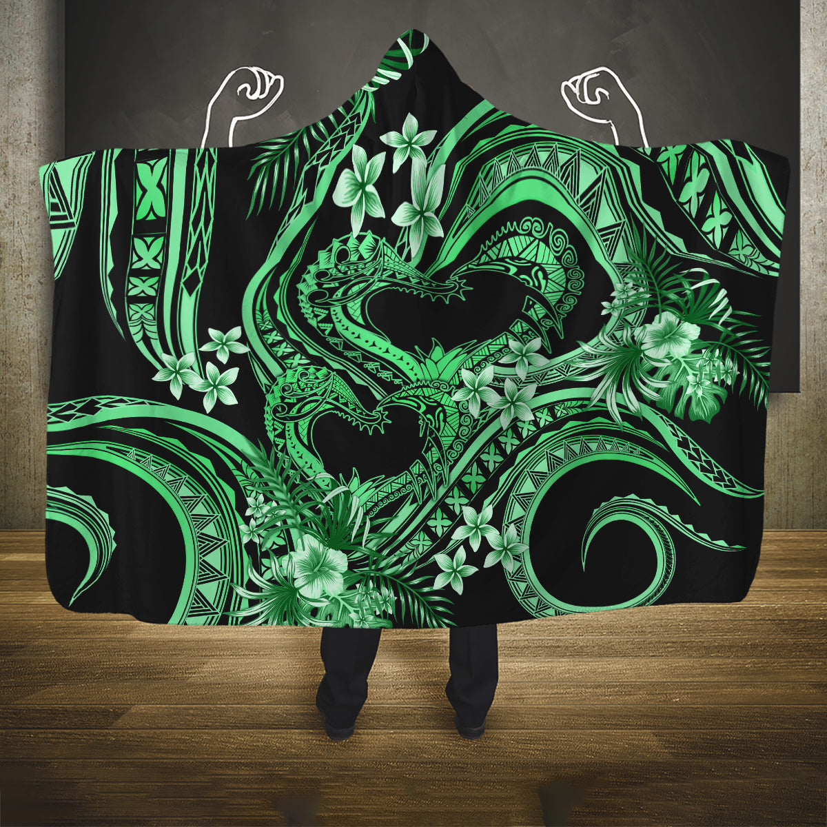 Polynesia Valentines Day Forever In My Heart Tattoo Hooded Blanket Green Style LT9 One Size Green - Polynesian Pride