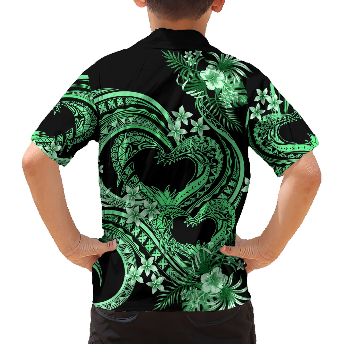 Polynesia Valentines Day Forever In My Heart Tattoo Kid Hawaiian Shirt Green Style LT9 - Polynesian Pride