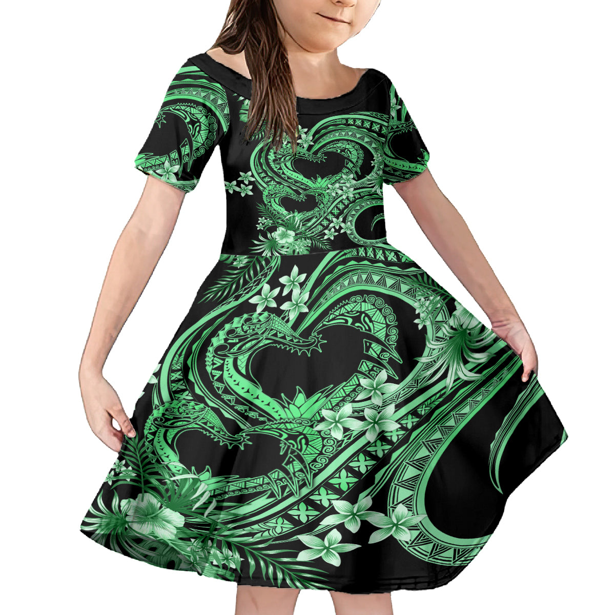 Polynesia Valentines Day Forever In My Heart Tattoo Kid Short Sleeve Dress Green Style LT9 KID Green - Polynesian Pride