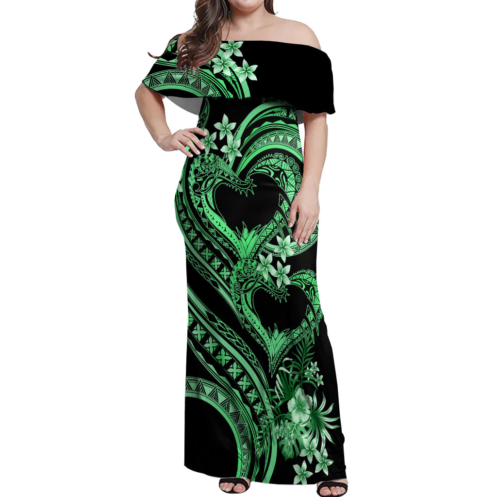 Polynesia Valentines Day Forever In My Heart Tattoo Off Shoulder Maxi Dress Green Style LT9 Women Green - Polynesian Pride