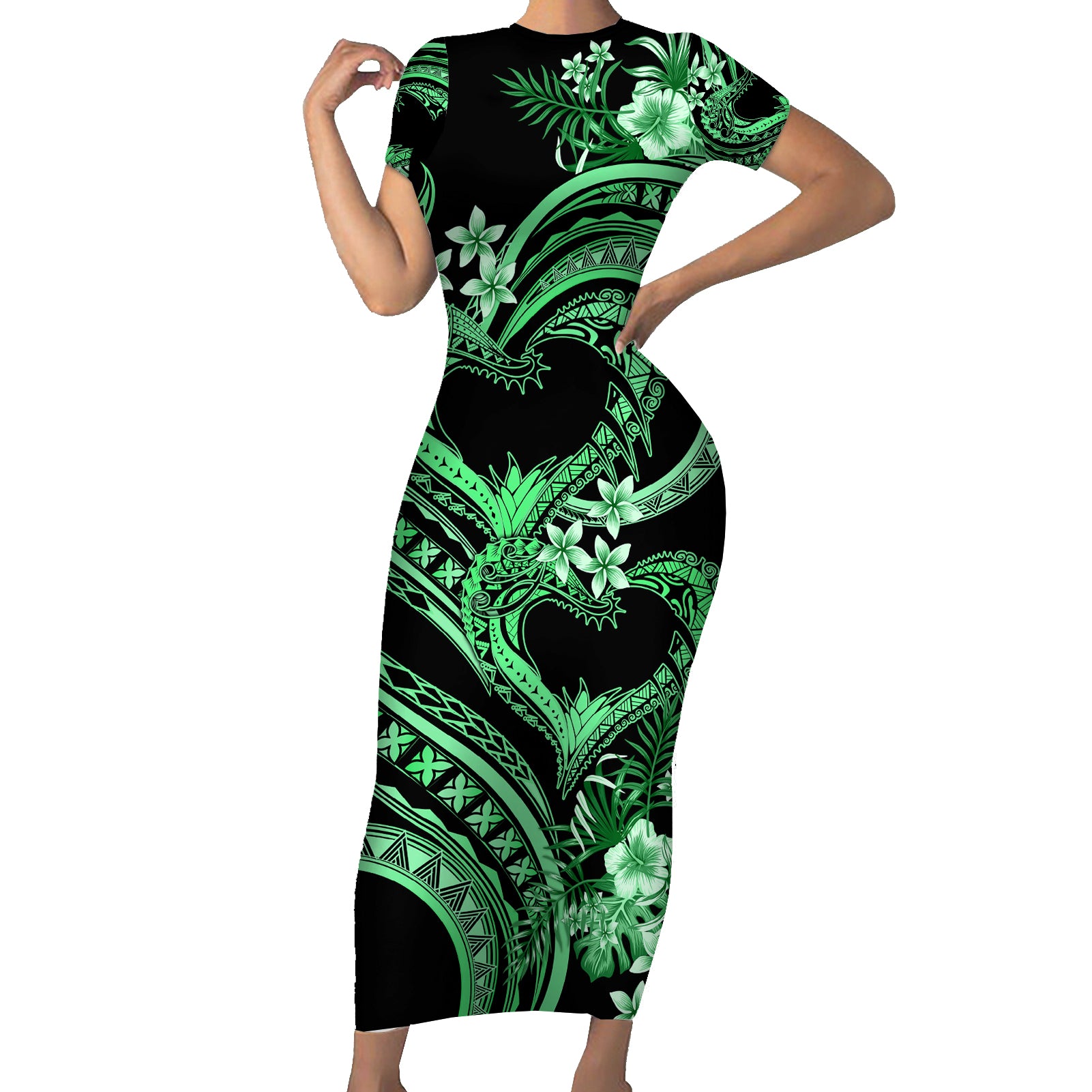 Polynesia Valentines Day Forever In My Heart Tattoo Short Sleeve Bodycon Dress Green Style LT9 Long Dress Green - Polynesian Pride