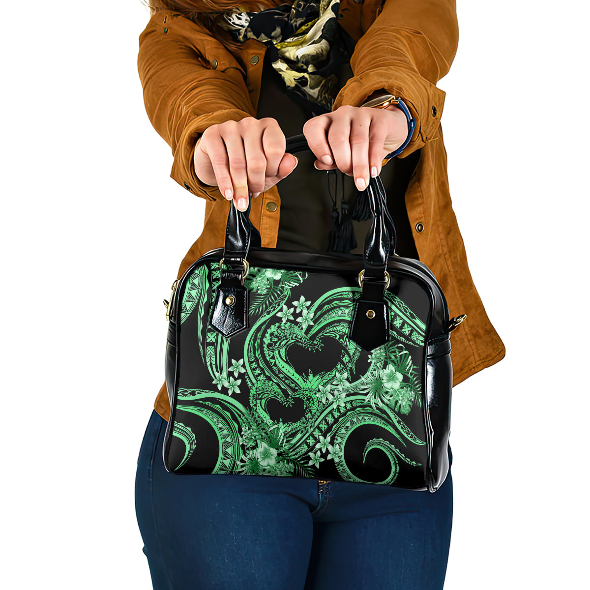 Polynesia Valentines Day Forever In My Heart Tattoo Shoulder Handbag Green Style LT9 One Size Green - Polynesian Pride