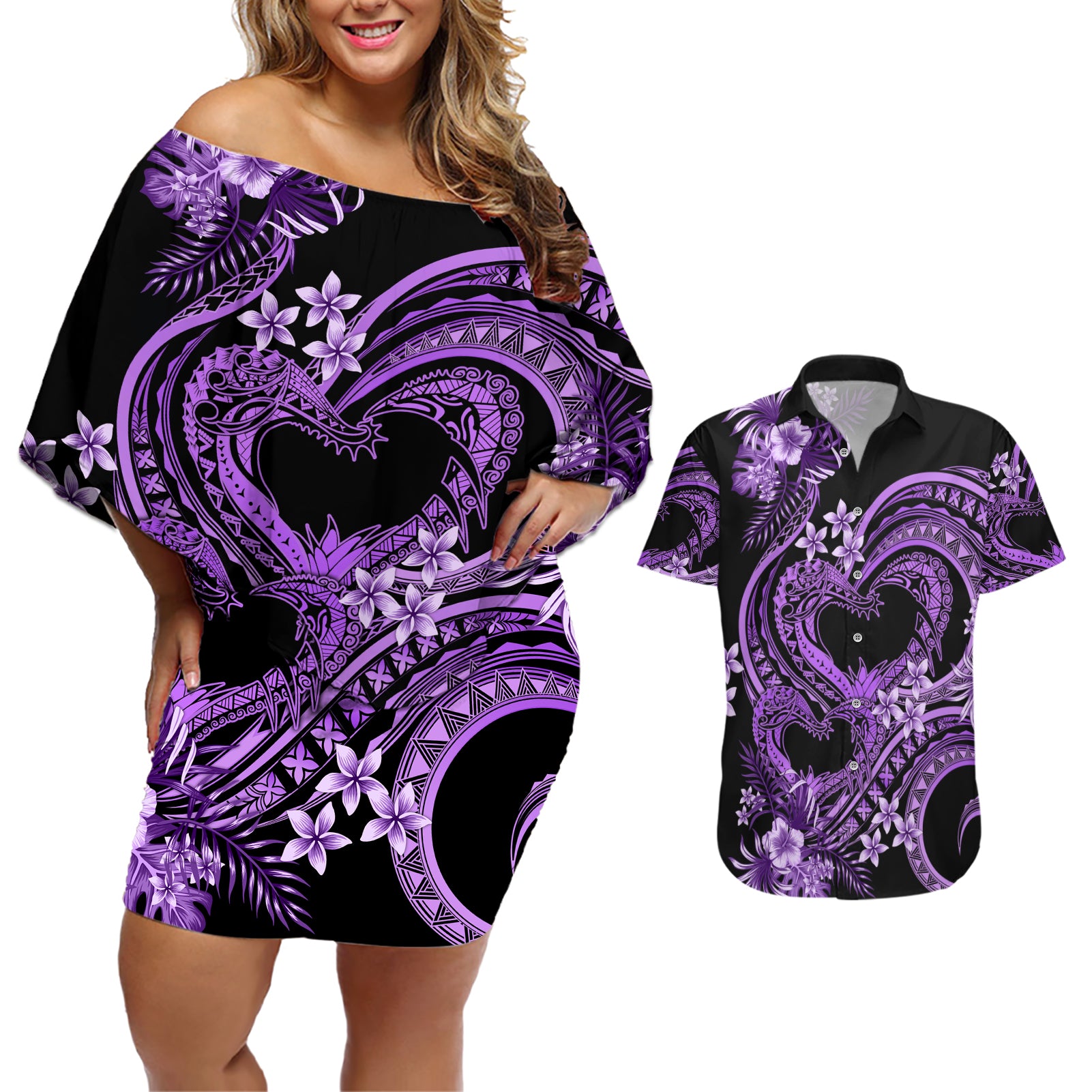 Polynesia Valentines Day Forever In My Heart Tattoo Couples Matching Off Shoulder Short Dress and Hawaiian Shirt Purple Style LT9 Purple - Polynesian Pride