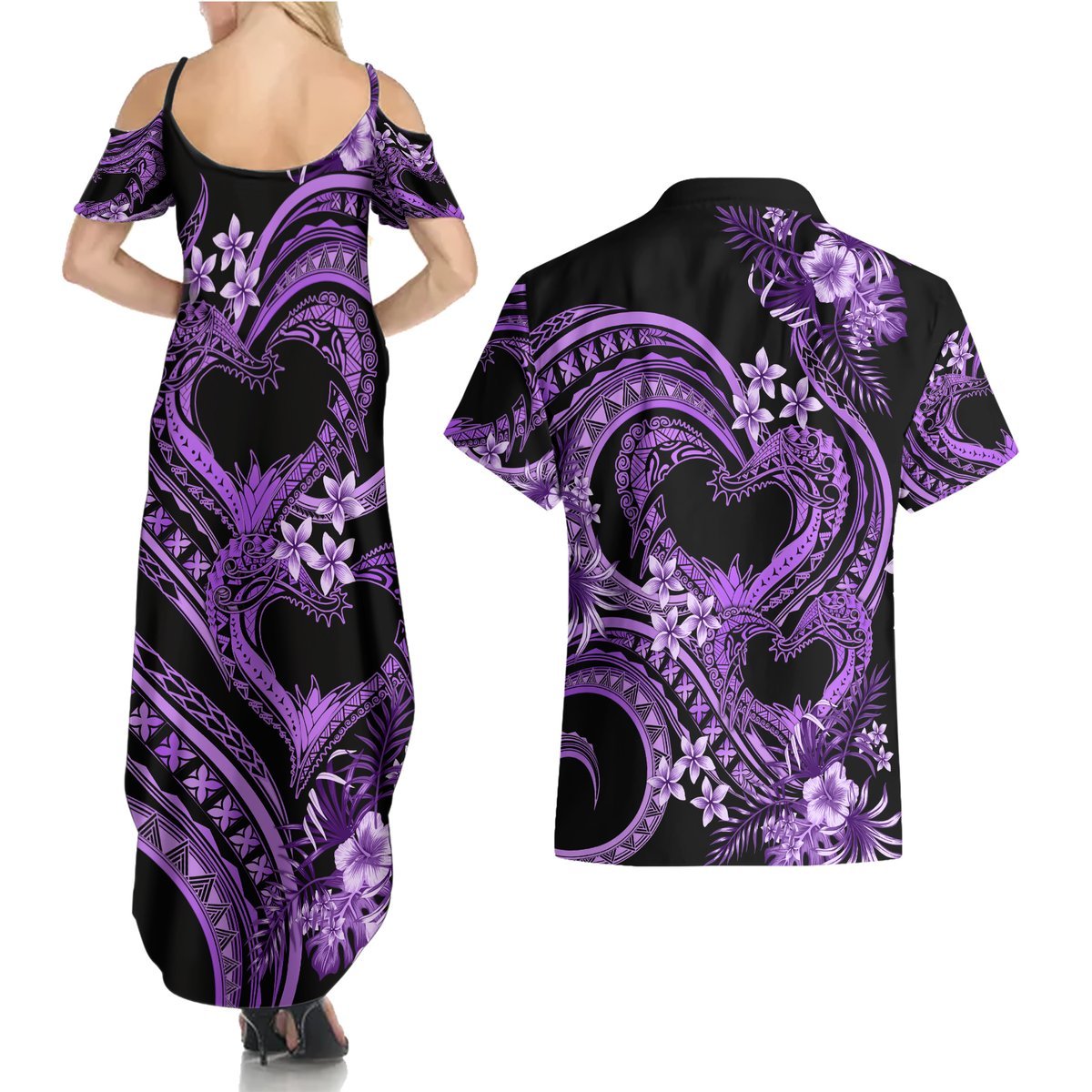 Polynesia Valentines Day Forever In My Heart Tattoo Couples Matching Summer Maxi Dress and Hawaiian Shirt Purple Style LT9 - Polynesian Pride