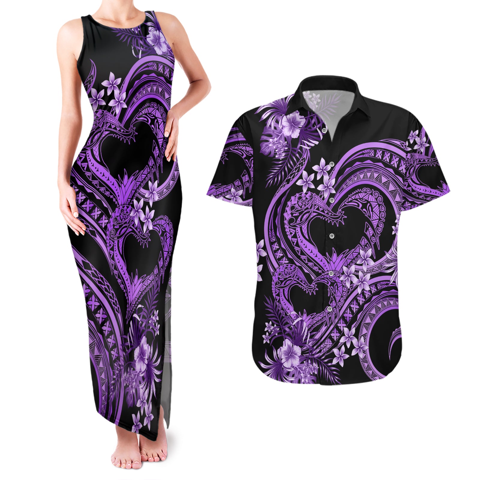 Polynesia Valentines Day Forever In My Heart Tattoo Couples Matching Tank Maxi Dress and Hawaiian Shirt Purple Style LT9 Purple - Polynesian Pride