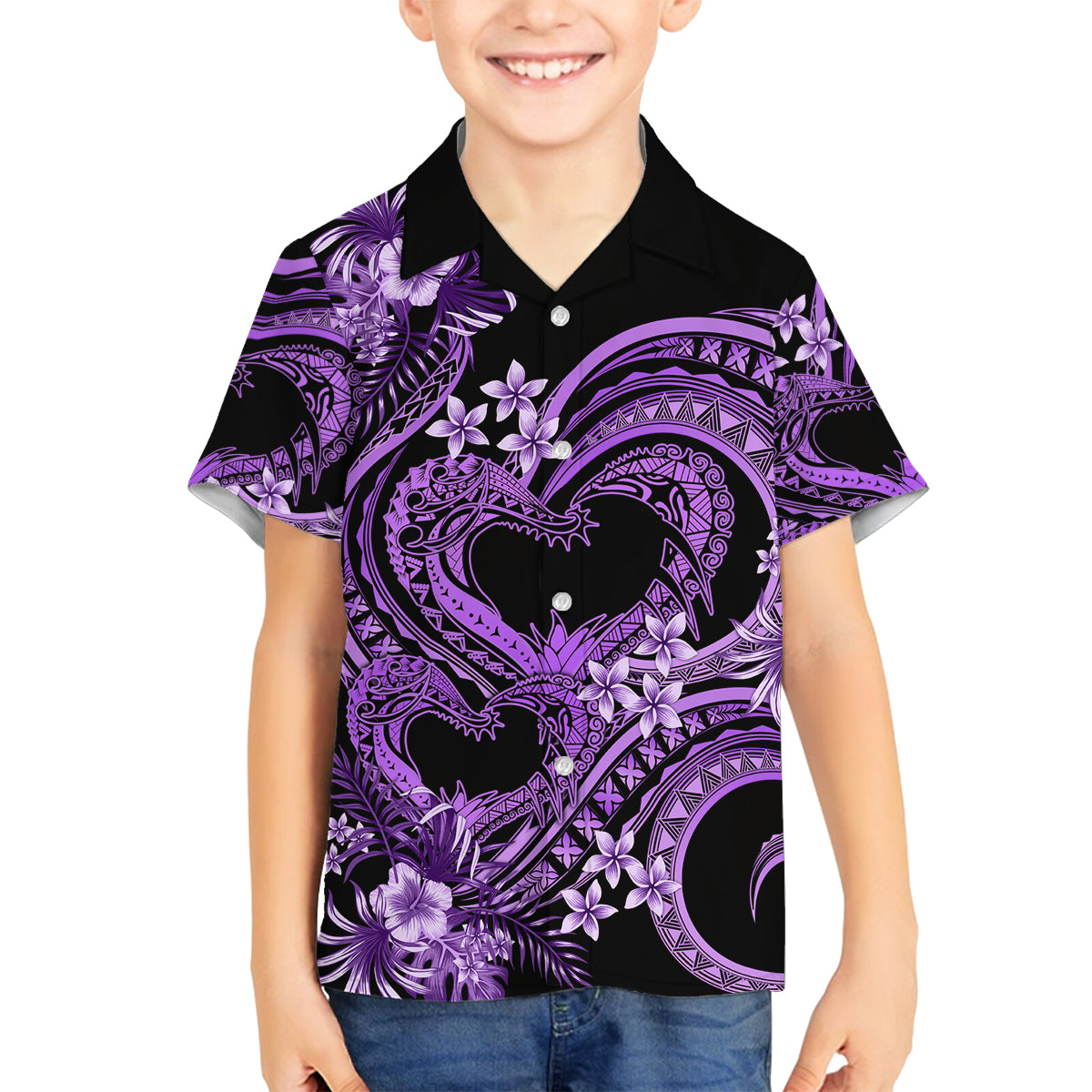 Polynesia Valentines Day Forever In My Heart Tattoo Family Matching Puletasi and Hawaiian Shirt Purple Style LT9 Son's Shirt Purple - Polynesian Pride