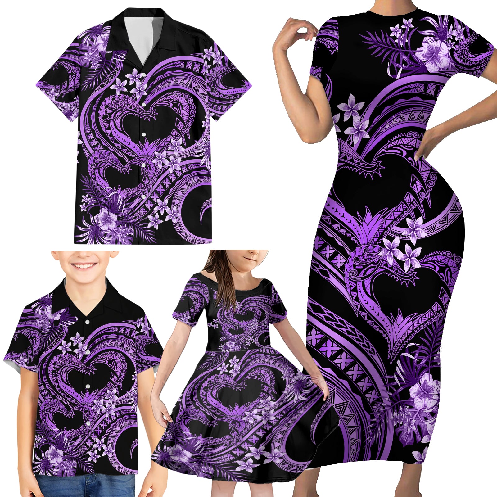 Polynesia Valentines Day Forever In My Heart Tattoo Family Matching Short Sleeve Bodycon Dress and Hawaiian Shirt Purple Style LT9 - Polynesian Pride