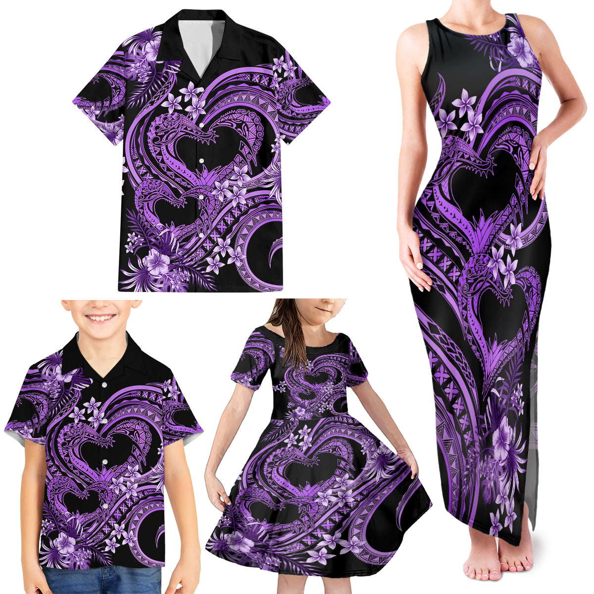 Polynesia Valentines Day Forever In My Heart Tattoo Family Matching Tank Maxi Dress and Hawaiian Shirt Purple Style LT9 - Polynesian Pride