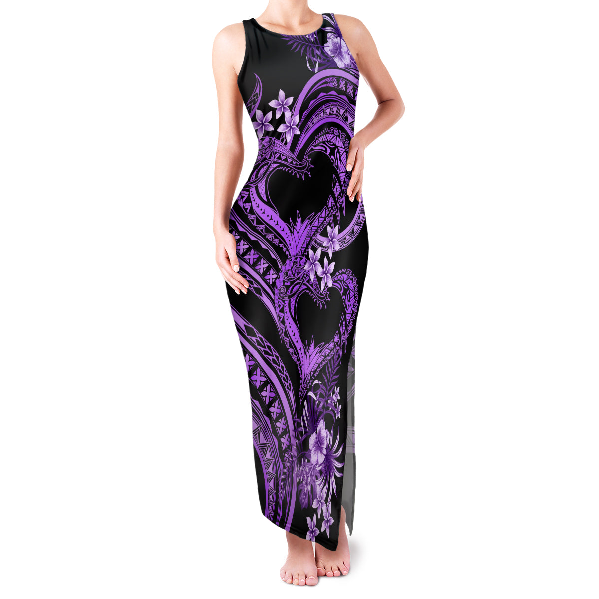 Polynesia Valentines Day Forever In My Heart Tattoo Family Matching Tank Maxi Dress and Hawaiian Shirt Purple Style LT9 Mom's Dress Purple - Polynesian Pride