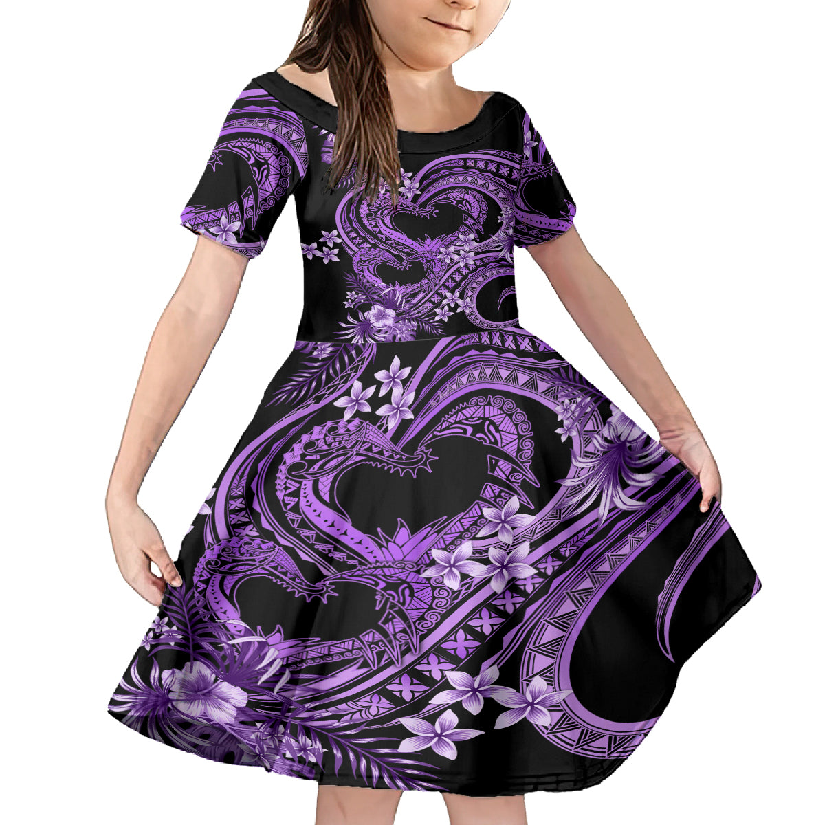 Polynesia Valentines Day Forever In My Heart Tattoo Kid Short Sleeve Dress Purple Style LT9 KID Purple - Polynesian Pride