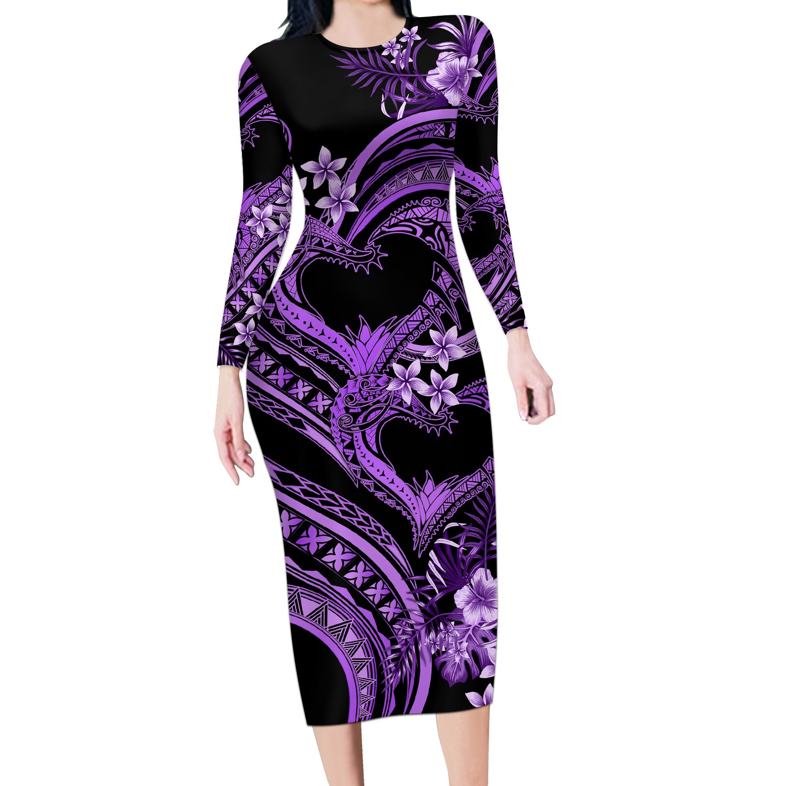 Polynesia Valentines Day Forever In My Heart Tattoo Long Sleeve Bodycon Dress Purple Style LT9 Long Dress Purple - Polynesian Pride