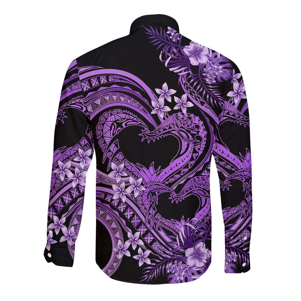 Polynesia Valentines Day Forever In My Heart Tattoo Long Sleeve Button Shirt Purple Style LT9 - Polynesian Pride