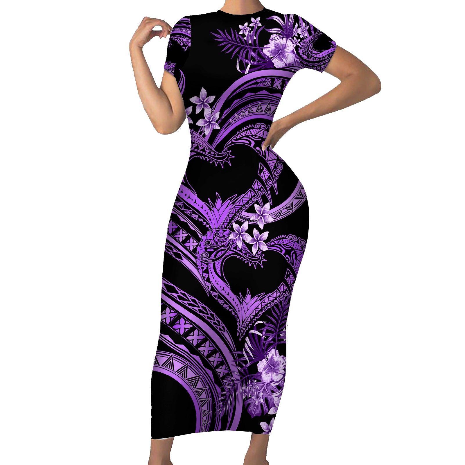 Polynesia Valentines Day Forever In My Heart Tattoo Short Sleeve Bodycon Dress Purple Style LT9 Long Dress Purple - Polynesian Pride