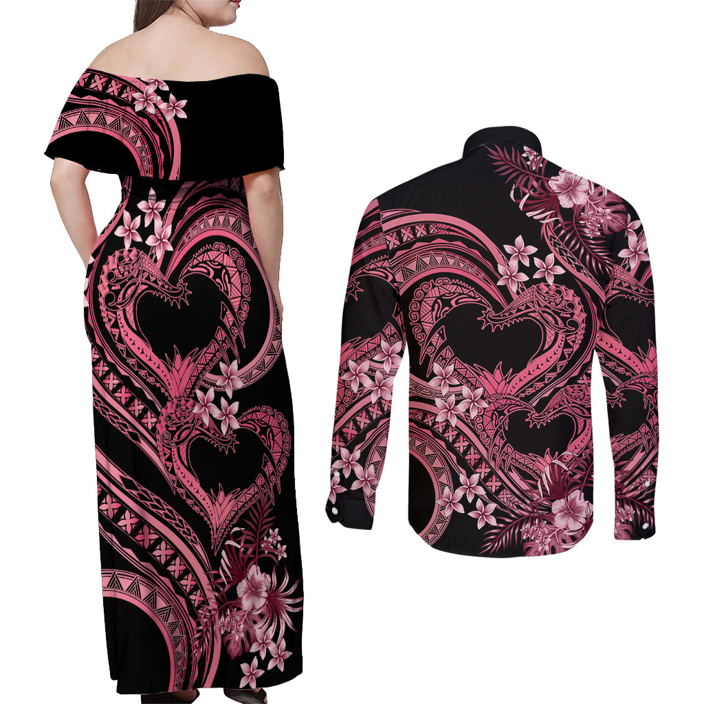 Polynesia Valentines Day Forever In My Heart Tattoo Couples Matching Off Shoulder Maxi Dress and Long Sleeve Button Shirt Pink Style LT9 - Polynesian Pride